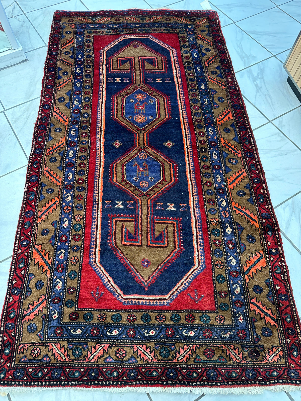 Persian Rug 5x10 size range tribal Red Navy laid flat