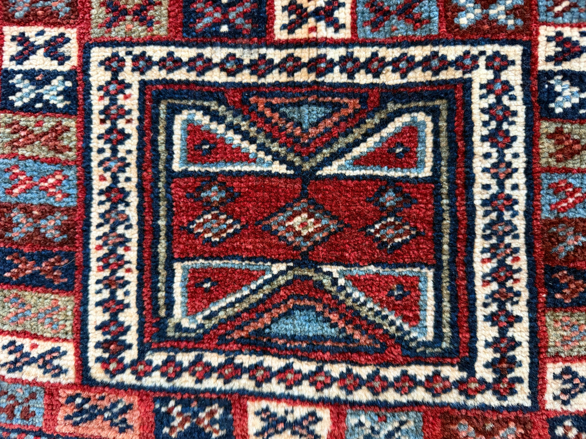 Antique Caucasian Pile Bag 13” x 13” | Burgundy, Light Blue & Ivory | Hand-Knotted Wool