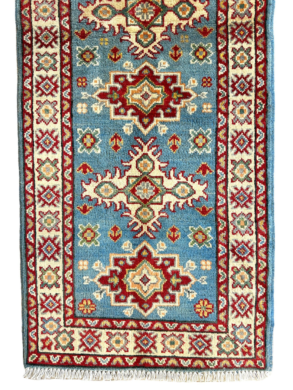 Afghan Super Kazak Runner 2'2" x 6', Hand-Knotted Wool, Beige & Blue, view 3