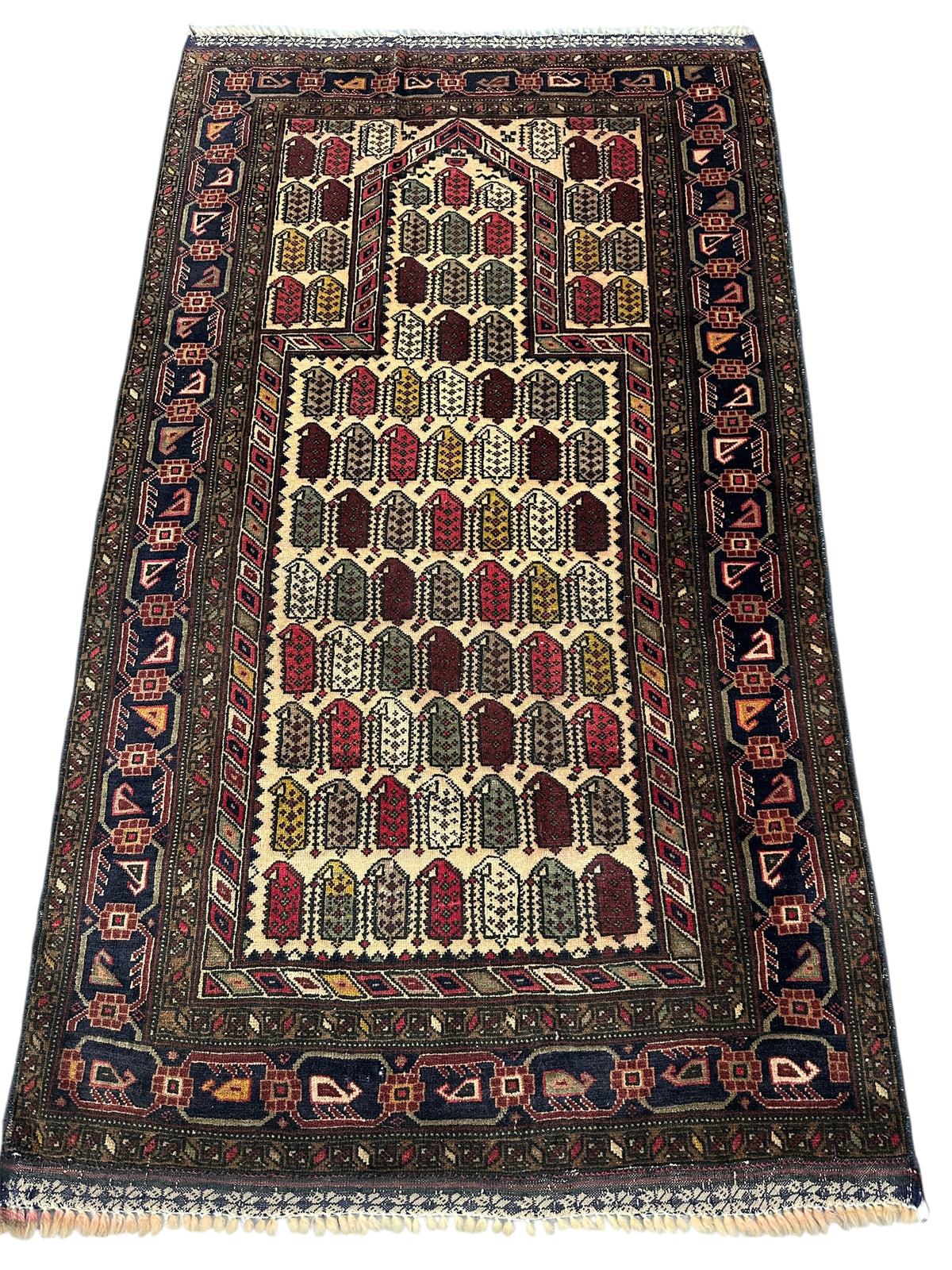 Afghan Baluch Prayer Rug 3x5 | Beige, Brown & Burgundy | Hand-Knotted Wool | View 2