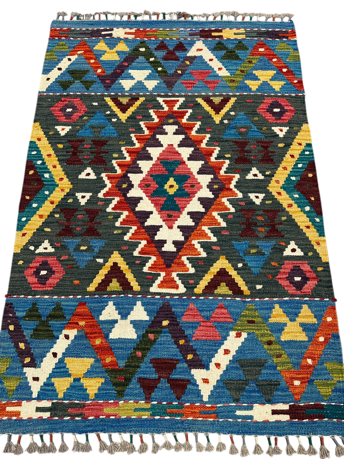 Afghan Kilim Rug 3x4, Green, Blue & Ivory, Hand-Woven Wool Flatweave, view 2