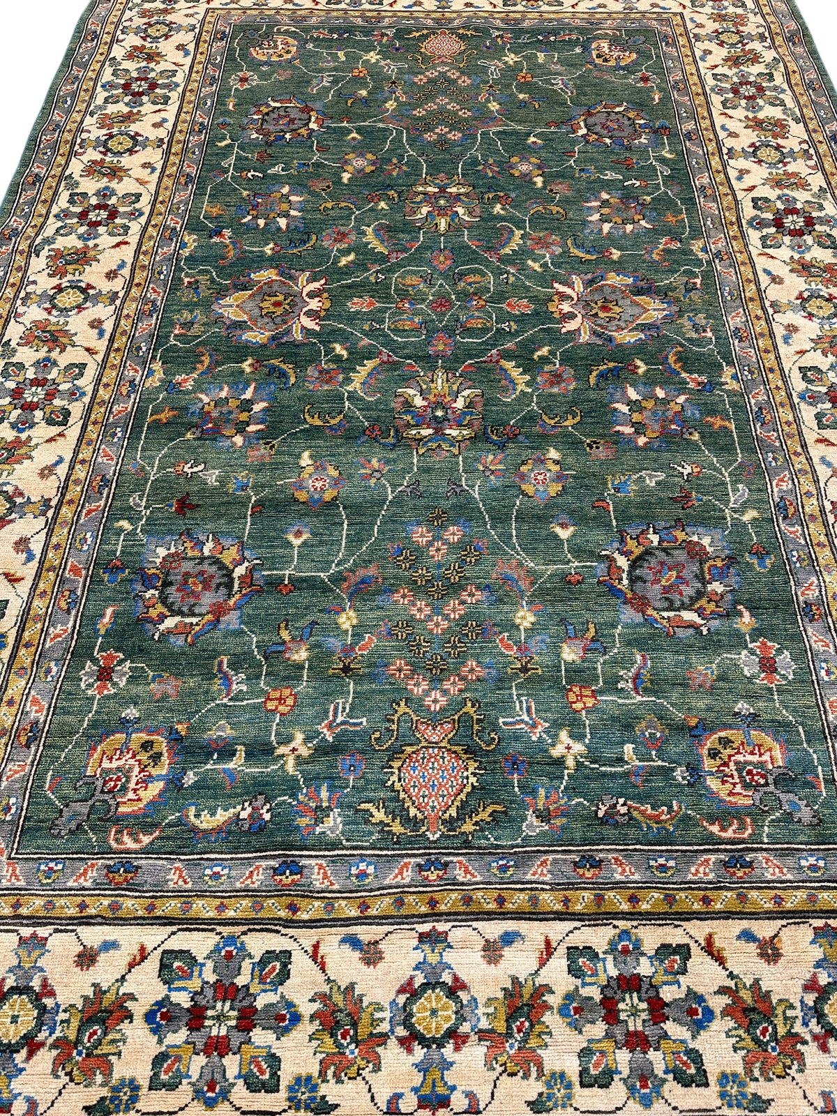 Afghan Kazak Sultani Rug 6'6" x 9'9", Hand-Knotted Wool, Cream & Green, view 4