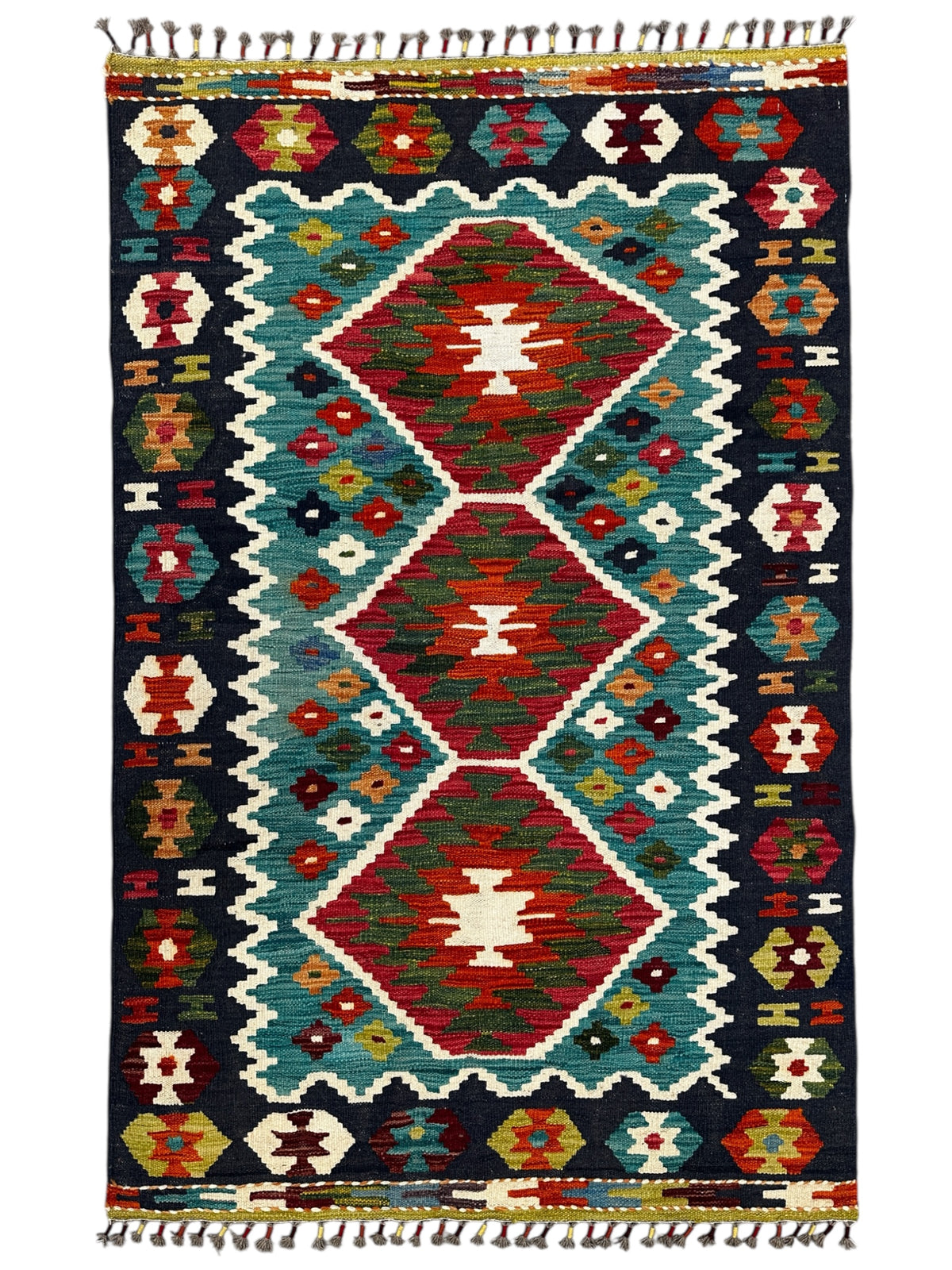 Afghan Kilim Rug 3x5, Navy, Teal & Red, Hand-Woven Wool Flatweave