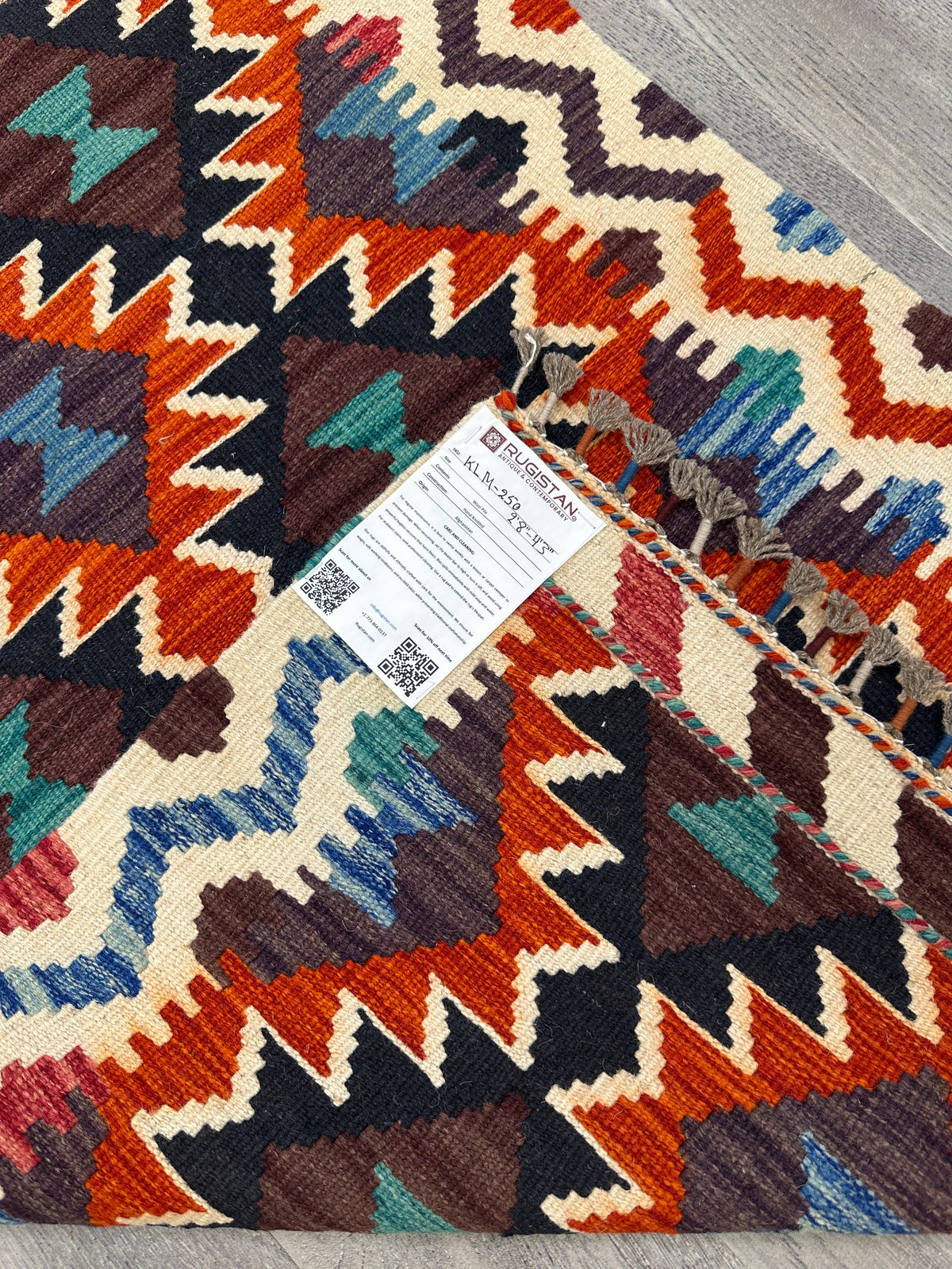 Afghan Kilim Rug 3x4, Rust, Navy & Ivory, Diamond Lattice Wool Flatweave, Blue Accents, view 4