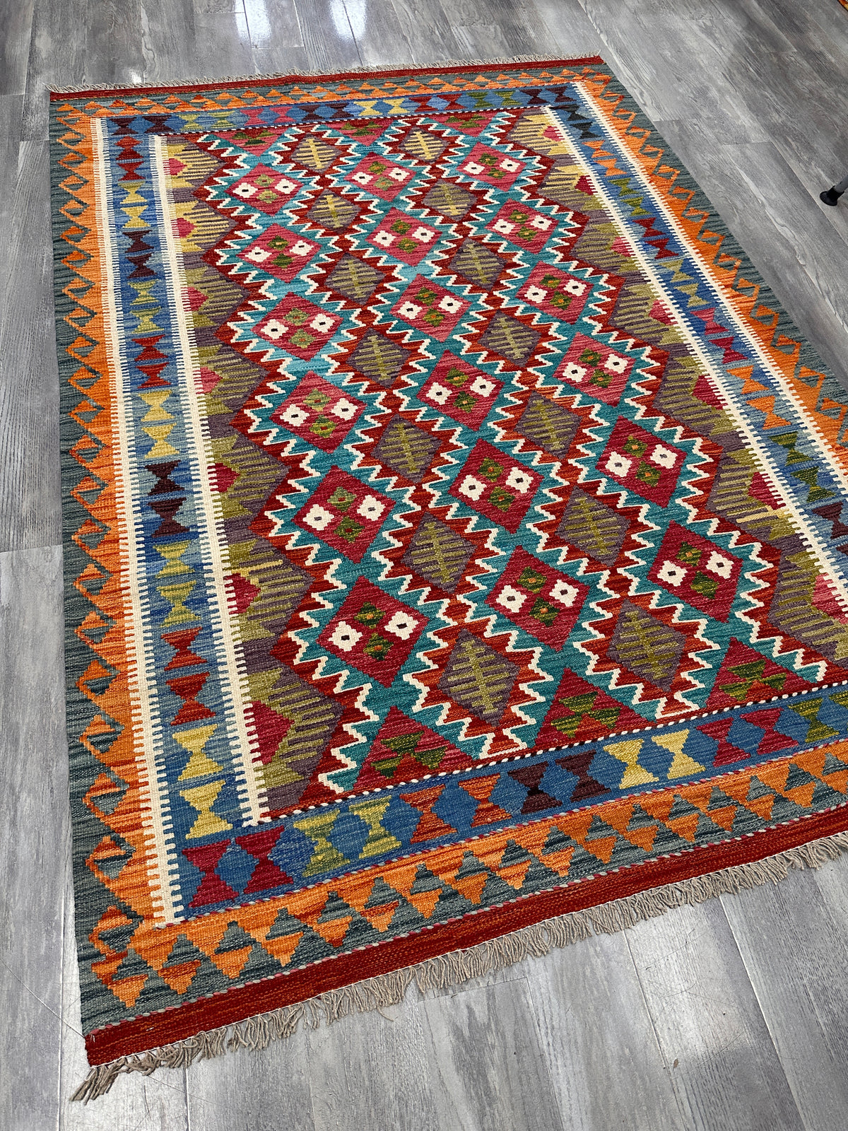 Afghan Kilim Rug 6x8, Red, Teal & Orange, Hand-Woven Wool Flatweave, view 5