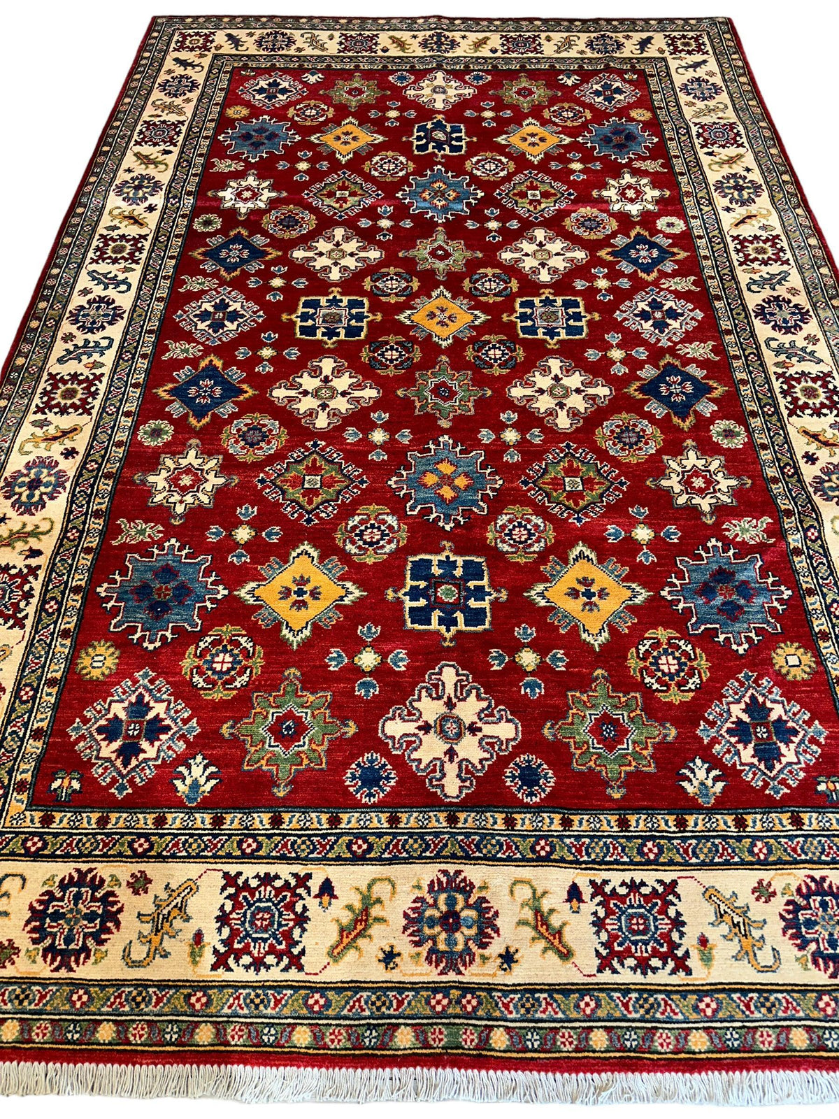 Afghan Kazak Stars Rug 7x10, Red, Ivory, Navy & Gold, Hand-Knotted Wool, view 3