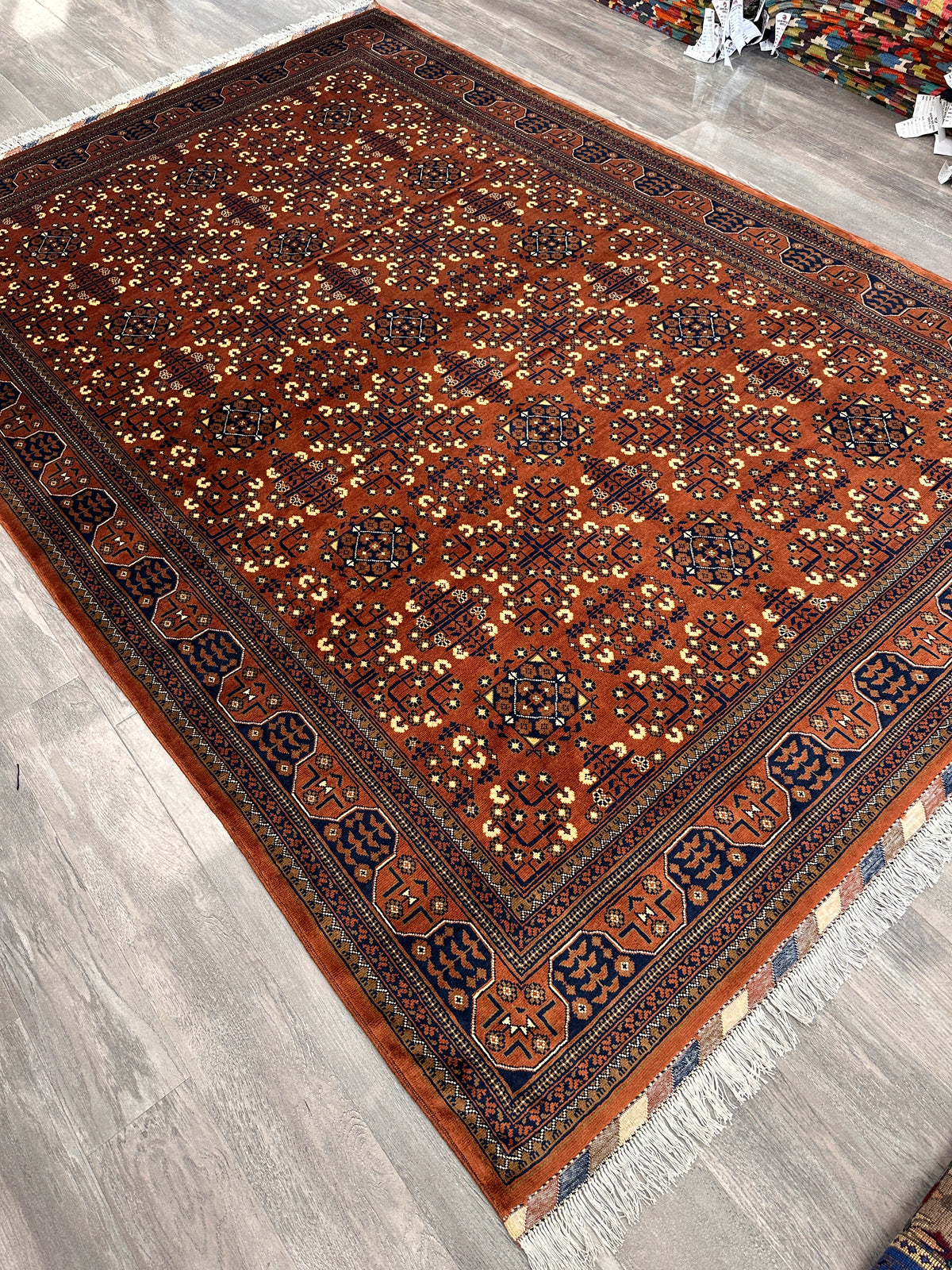 Afghan Turkmen Rug 7x10, Orange, Navy & Ivory, Hand-Knotted Wool, view 4