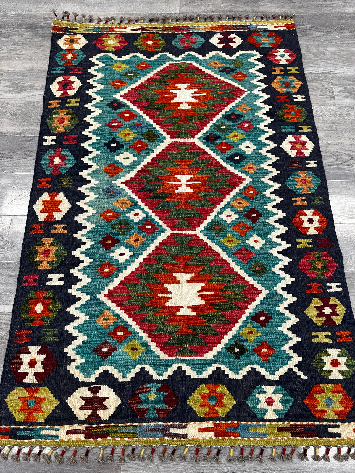 Afghan Kilim Rug 3x5, Navy, Teal & Red, Hand-Woven Wool Flatweave, view 3