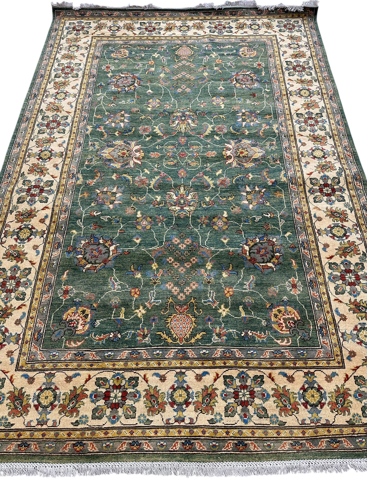 Afghan Kazak Sultani Rug 6'6" x 9'9", Hand-Knotted Wool, Cream & Green, view 3