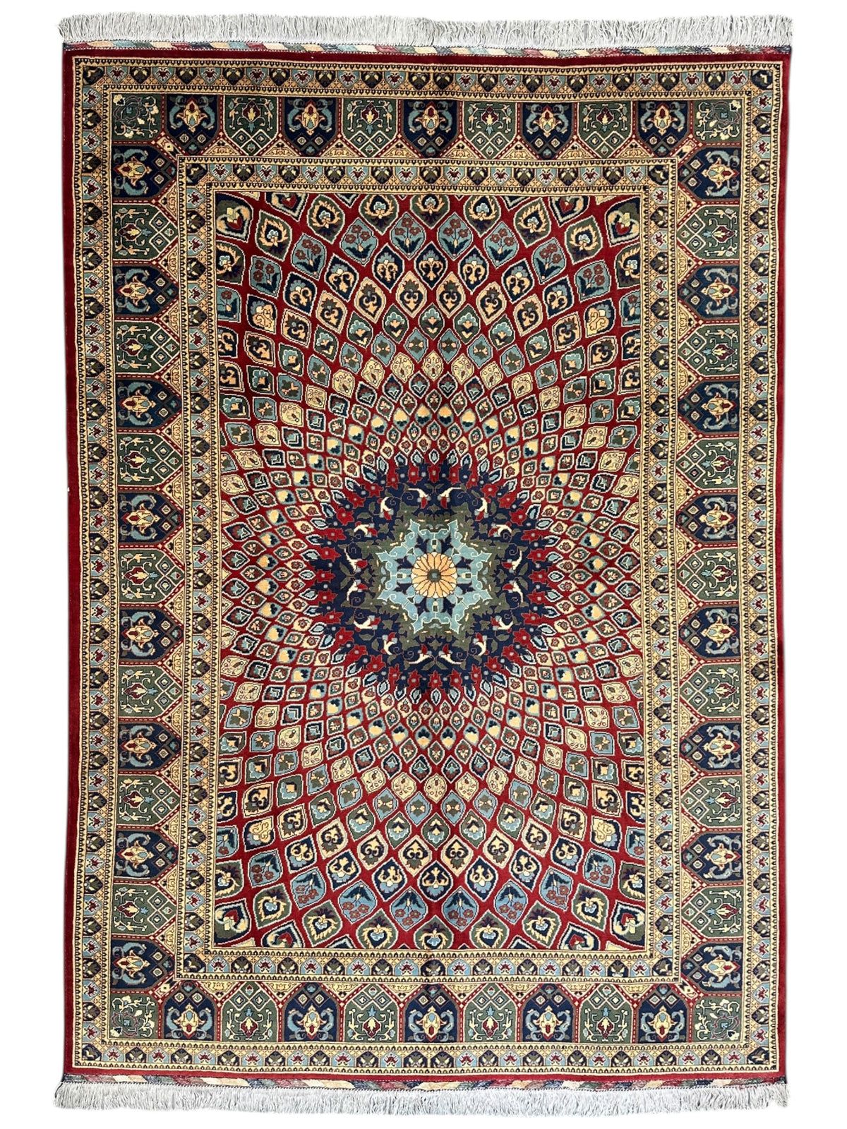 Afghan Rug 7x10, Red, Beige & Light Blue, Hand-Knotted Wool