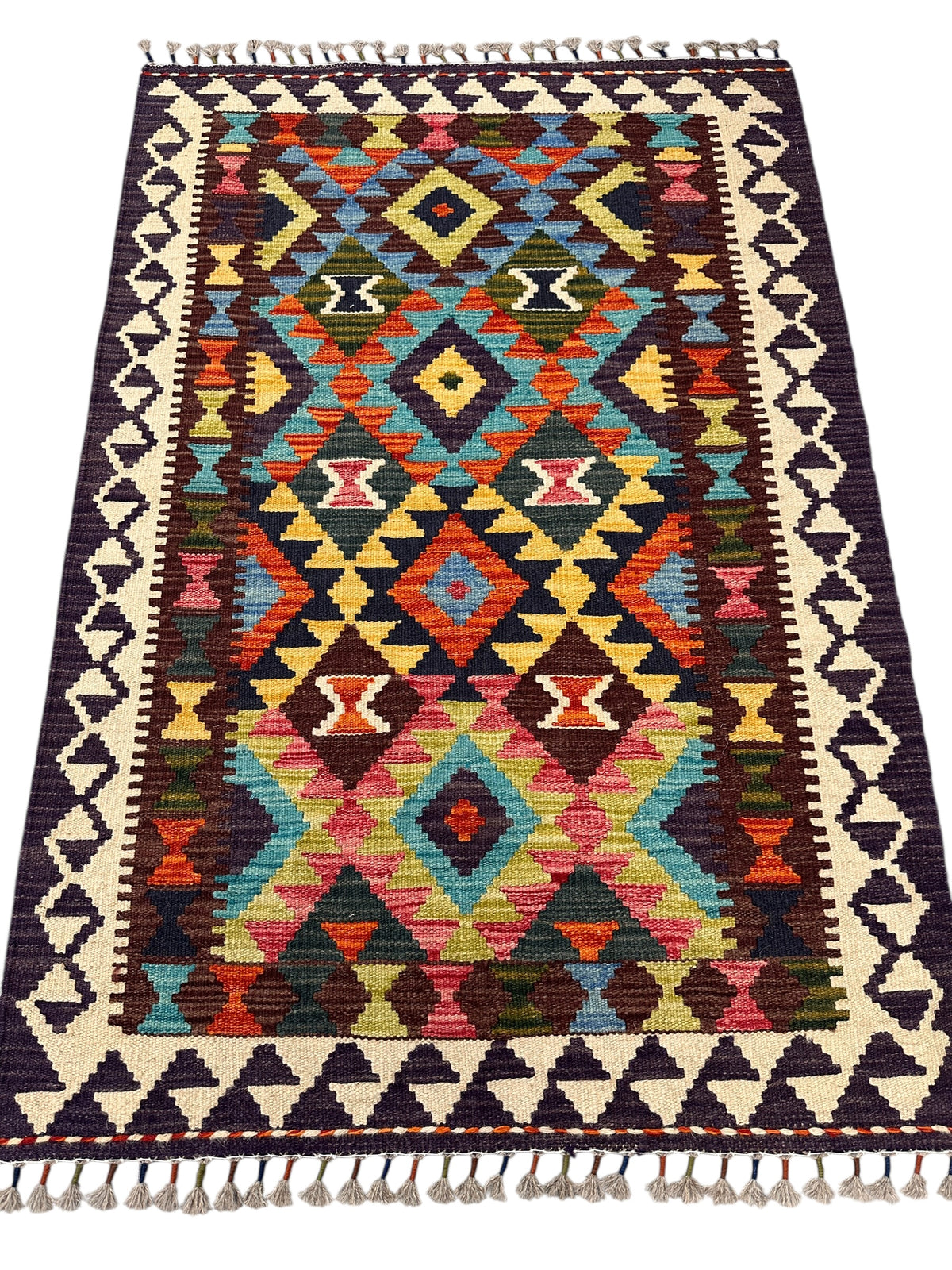 Afghan Kilim Rug 3x4, Black, Ivory & Blue, Hand-Woven Wool Flatweave, view 2
