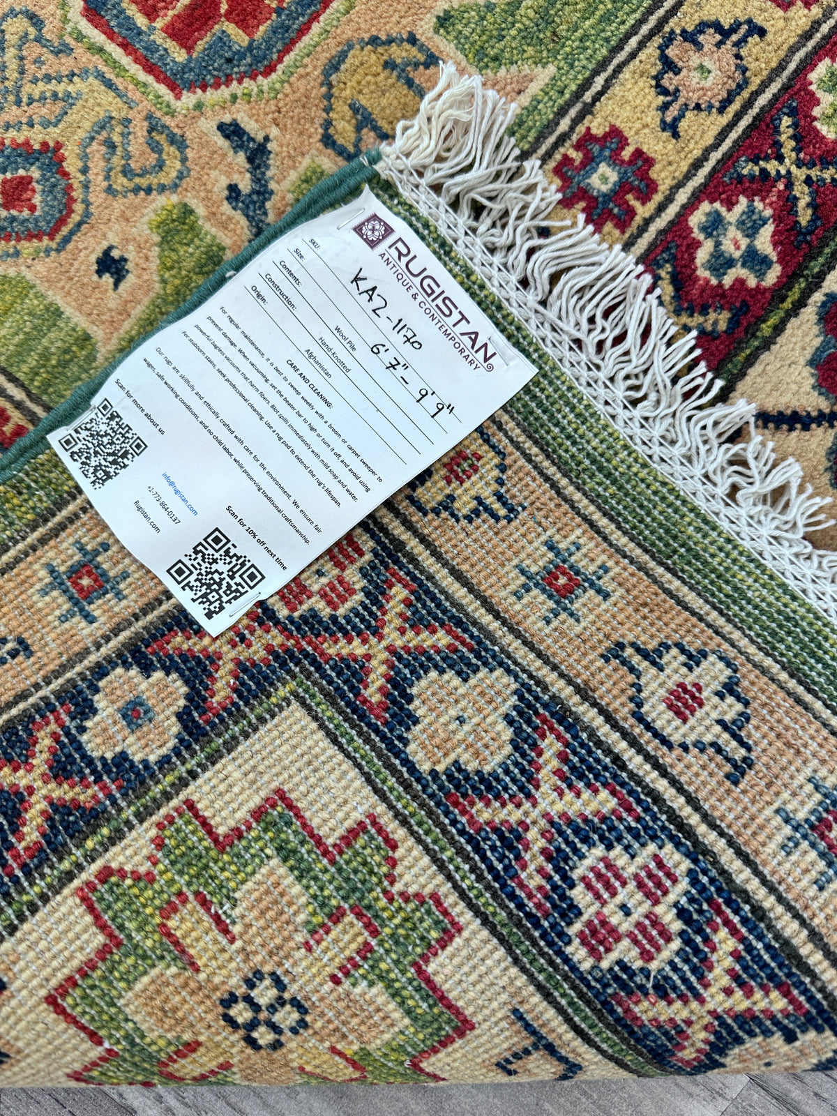 Afghan Kazak Rug 6'7" x 9'9", Hand-Knotted Wool, Cream & Green, view 7