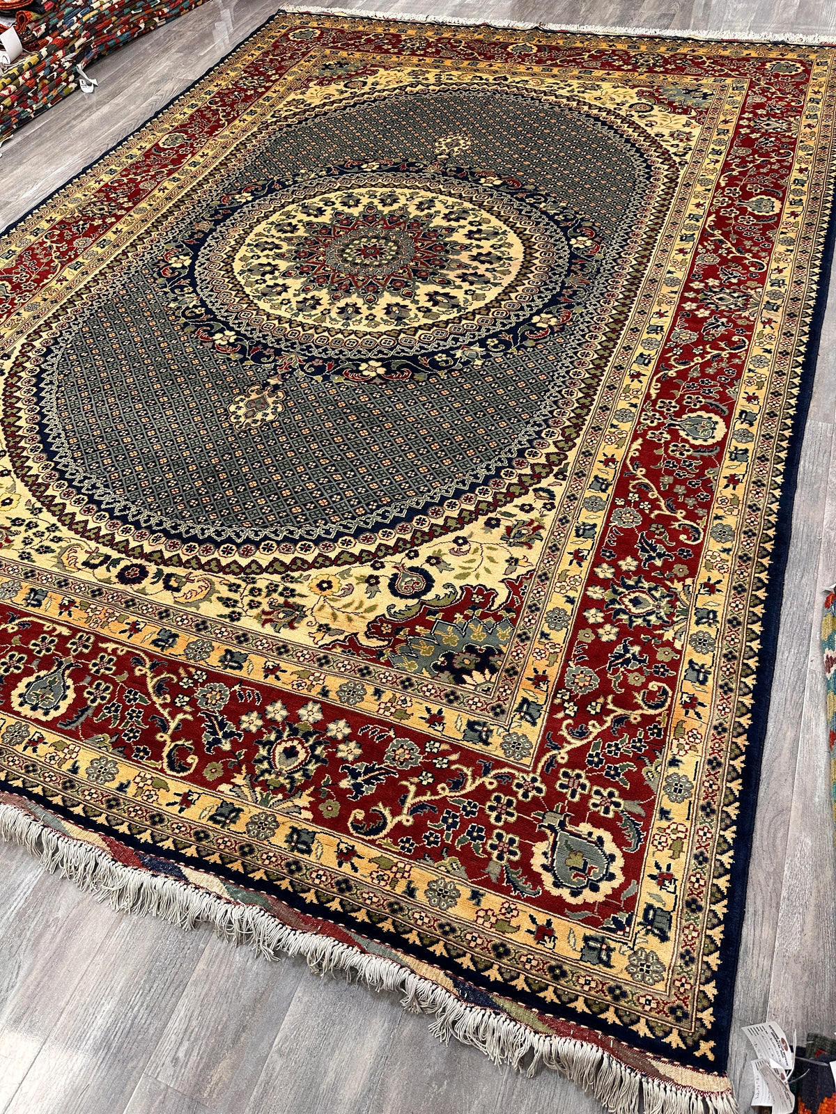 Afghan Tabriz Rug 8x12, Gray, Red & Ivory, Hand-Knotted Wool, view 6
