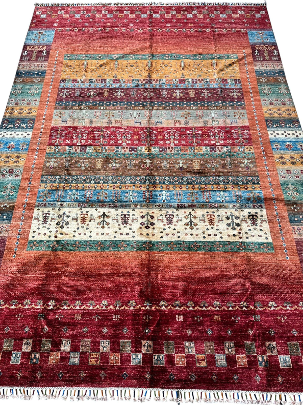 Afghan Khorjin Rug 7' x 9'10", Hand-Knotted Wool, Blue, Gold & Red, view 2