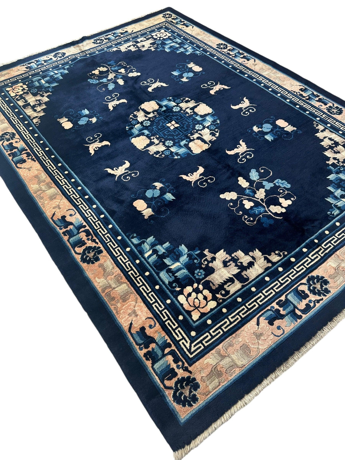 Antique Chinese Rug 5'6" x 7'6", Hand-Knotted Wool, Navy & Cream, view 6