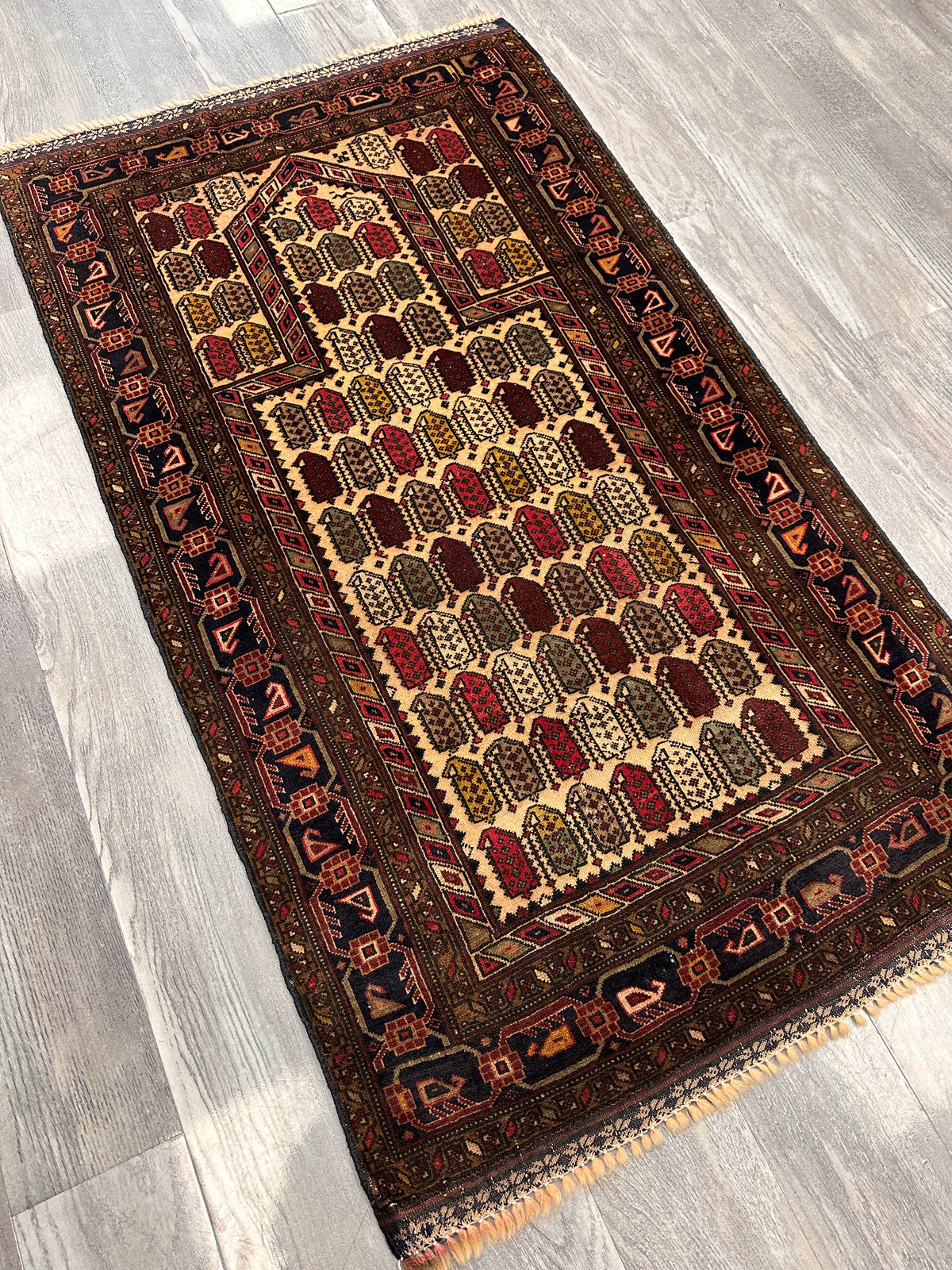 Afghan Baluch Prayer Rug 3x5 | Beige, Brown & Burgundy | Hand-Knotted Wool | View 4