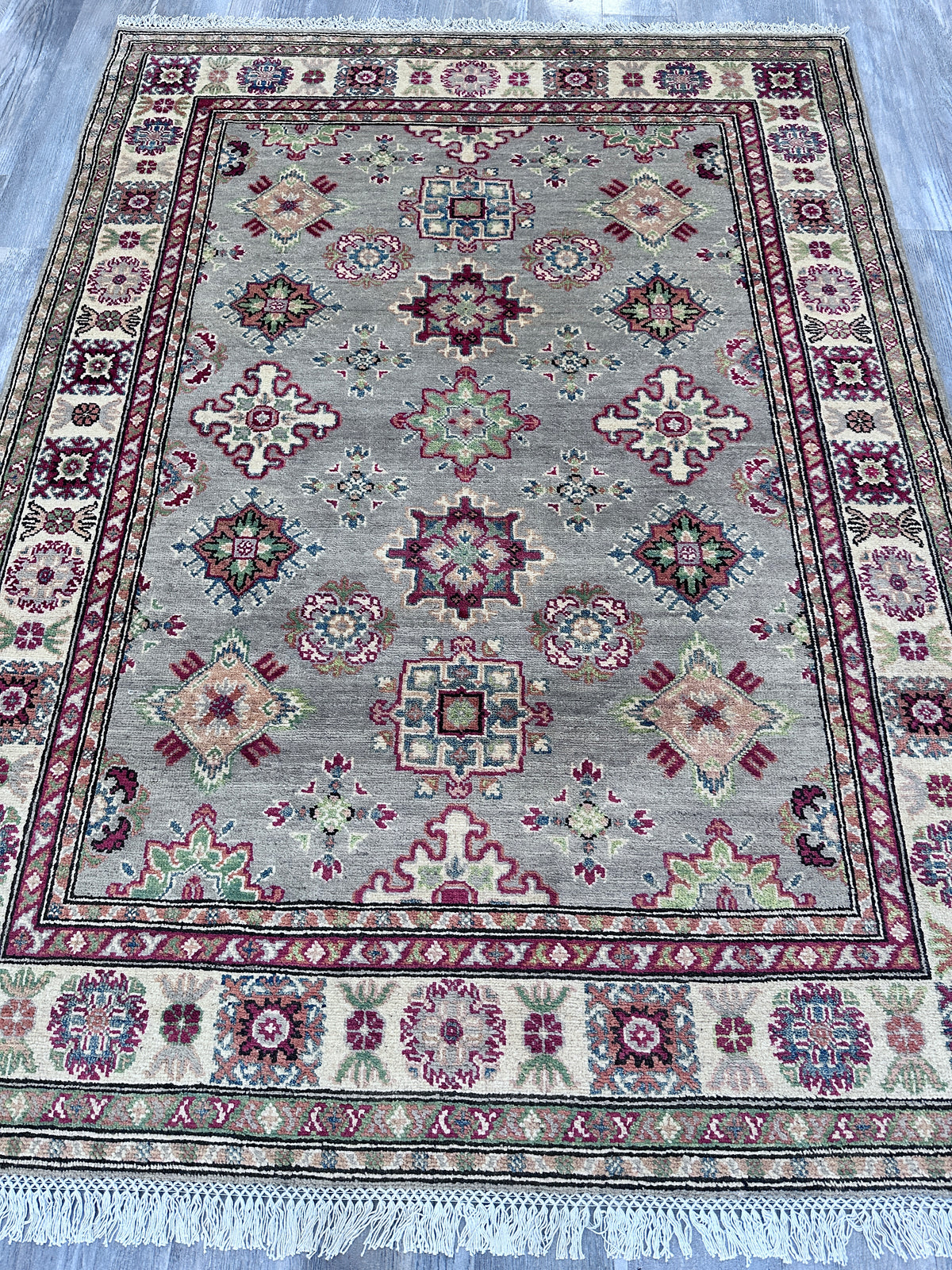 Afghan Kazak Rug 5x7, Gray, Ivory & Burgundy, Hand-Knotted Wool, view 3