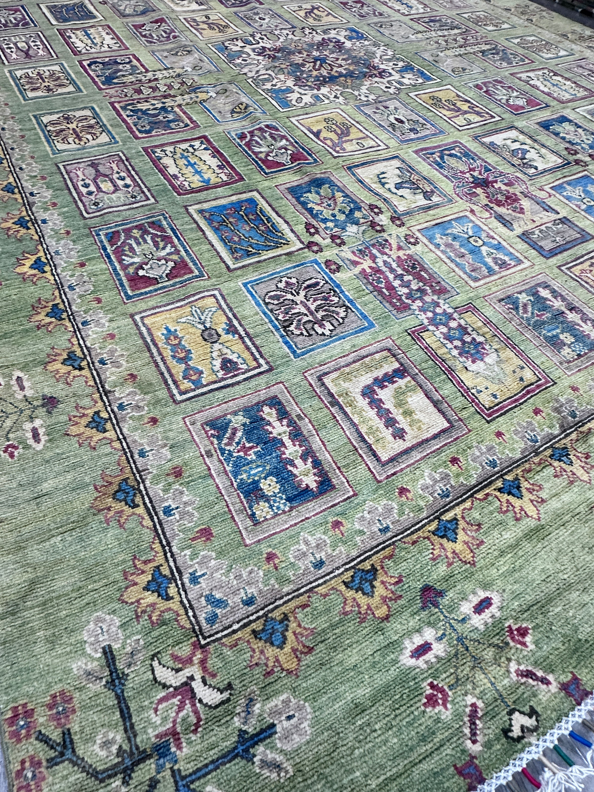 Afghan Kazak Rug 8x10, Green, Blue & Ivory, Hand-Knotted Wool, view 4