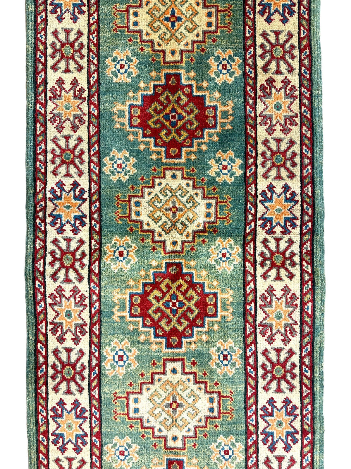 Afghan Super Kazak Runner 2'2" x 6', Hand-Knotted Wool, Beige & Green, view 4