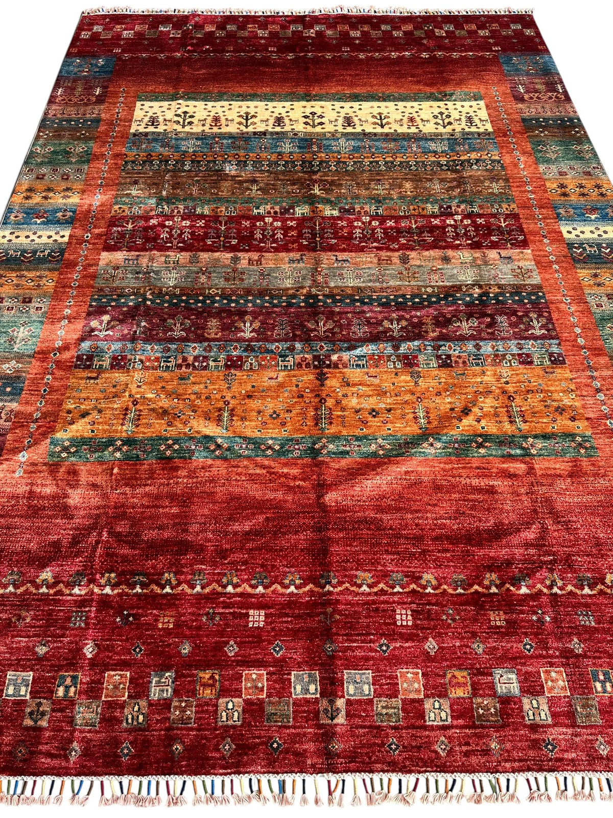 Afghan Khorjin Rug 7' x 9'10", Hand-Knotted Wool, Blue, Gold & Red, view 3
