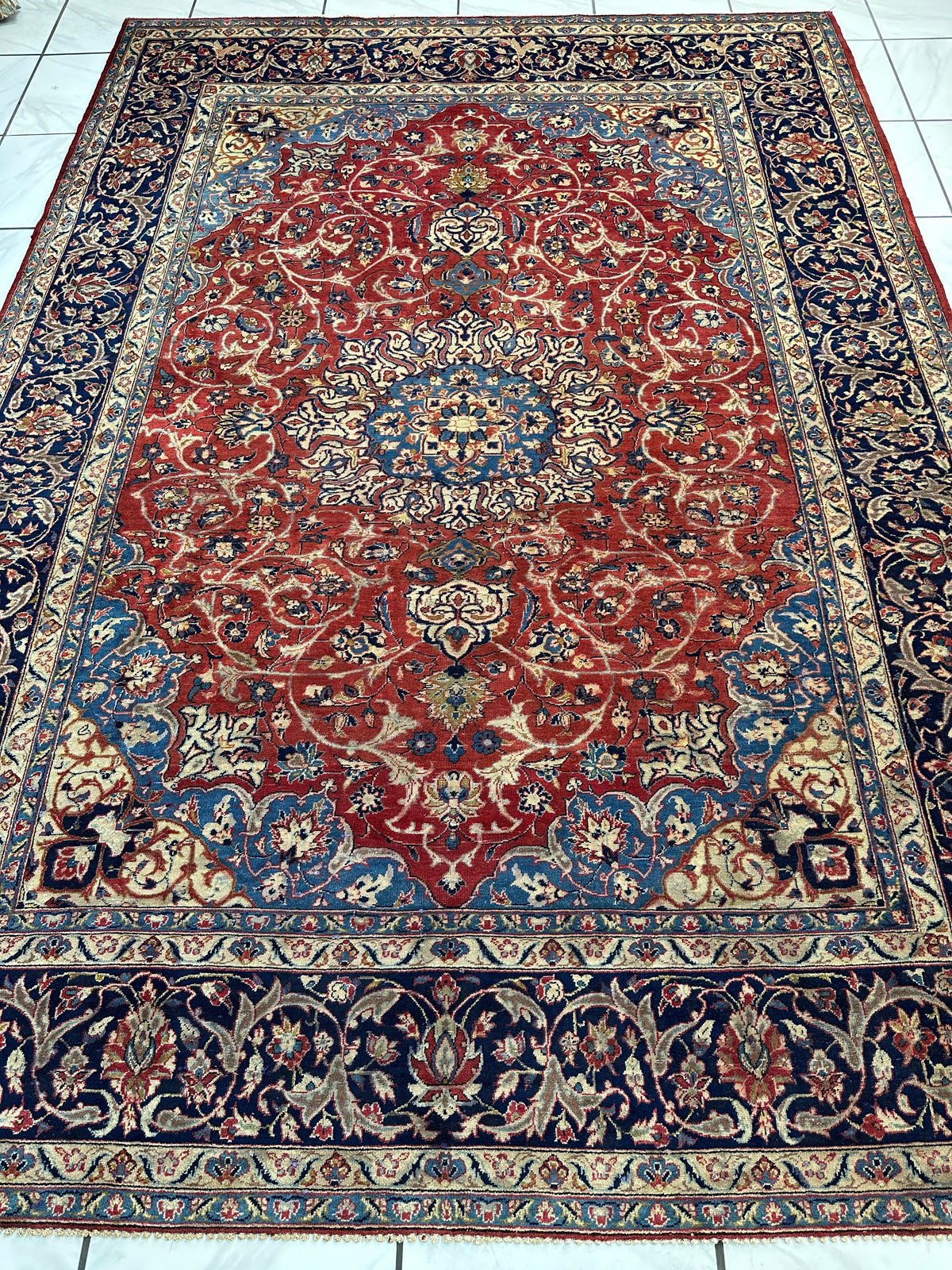 Vintage Persian Kashan Rug 8' x 11'3", Hand-Knotted Wool, Red & Navy, view 2