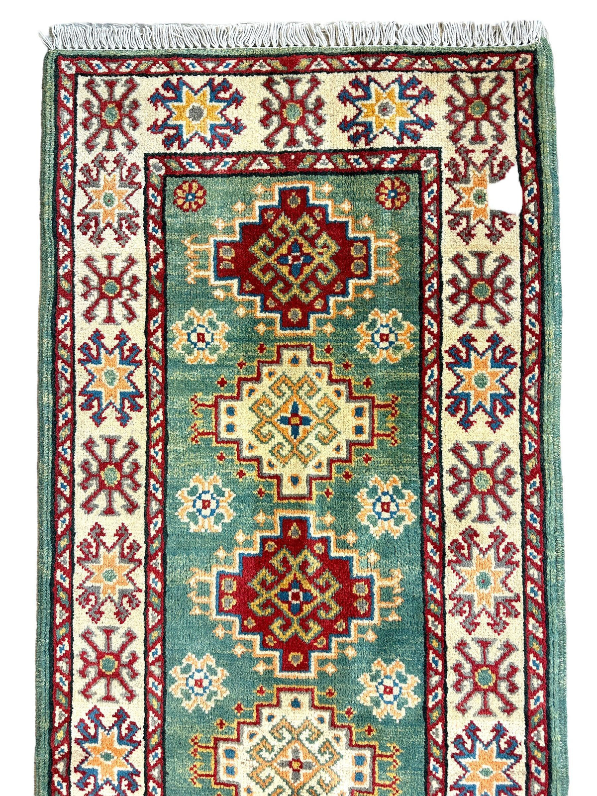 Afghan Super Kazak Runner 2'2" x 6', Hand-Knotted Wool, Beige & Green, view 5