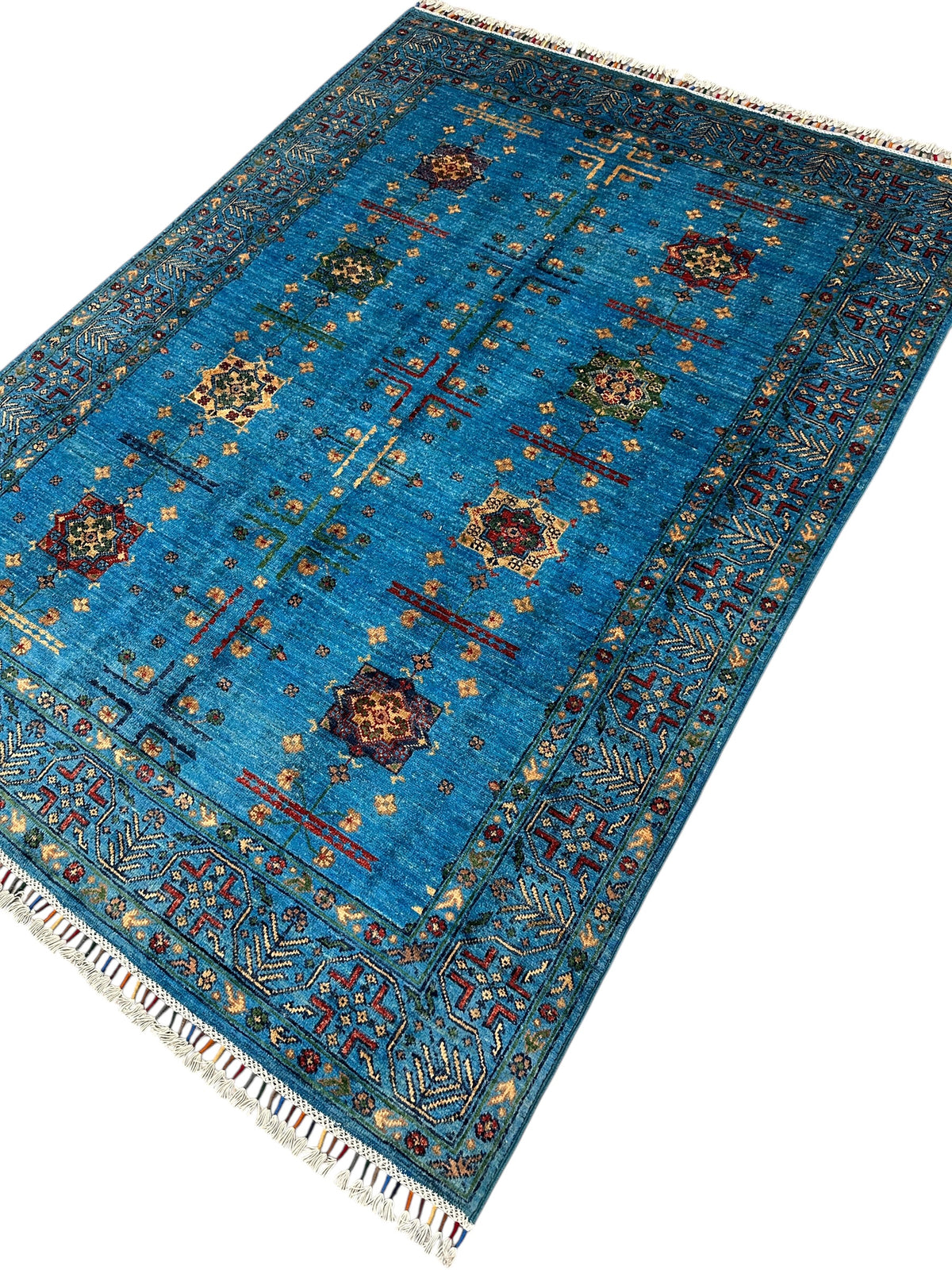 Afghan Chobi Rug 4'10" x 6'7", Hand-Knotted Wool, Blue, Red & Green, view 4