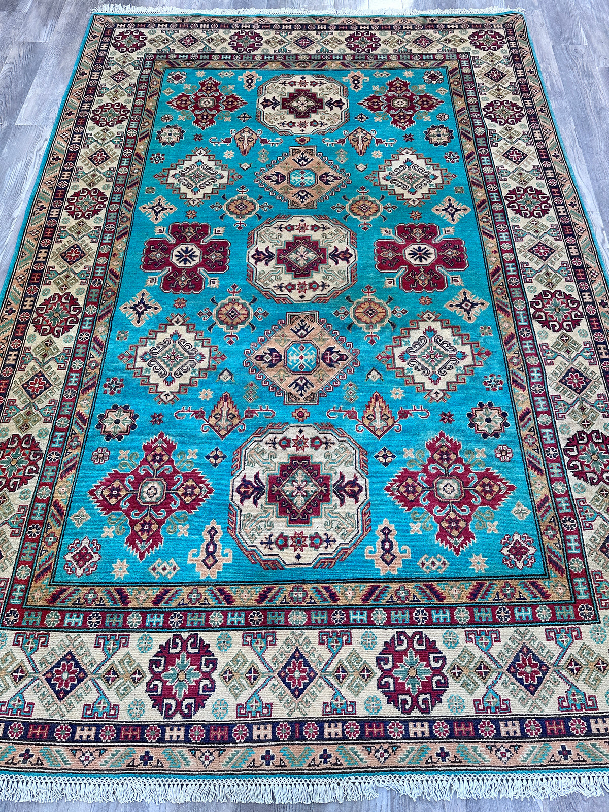 Afghan Kazak Rug 6'7" x 9'9", Hand-Knotted Wool, Blue, Red & Beige, view 2