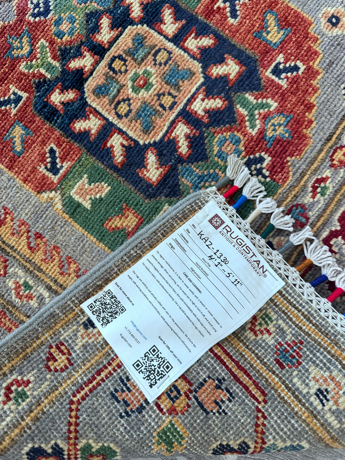 Afghan Kazak Rug 4'1" x 5'11", Hand-Knotted Wool, Gray, view 6