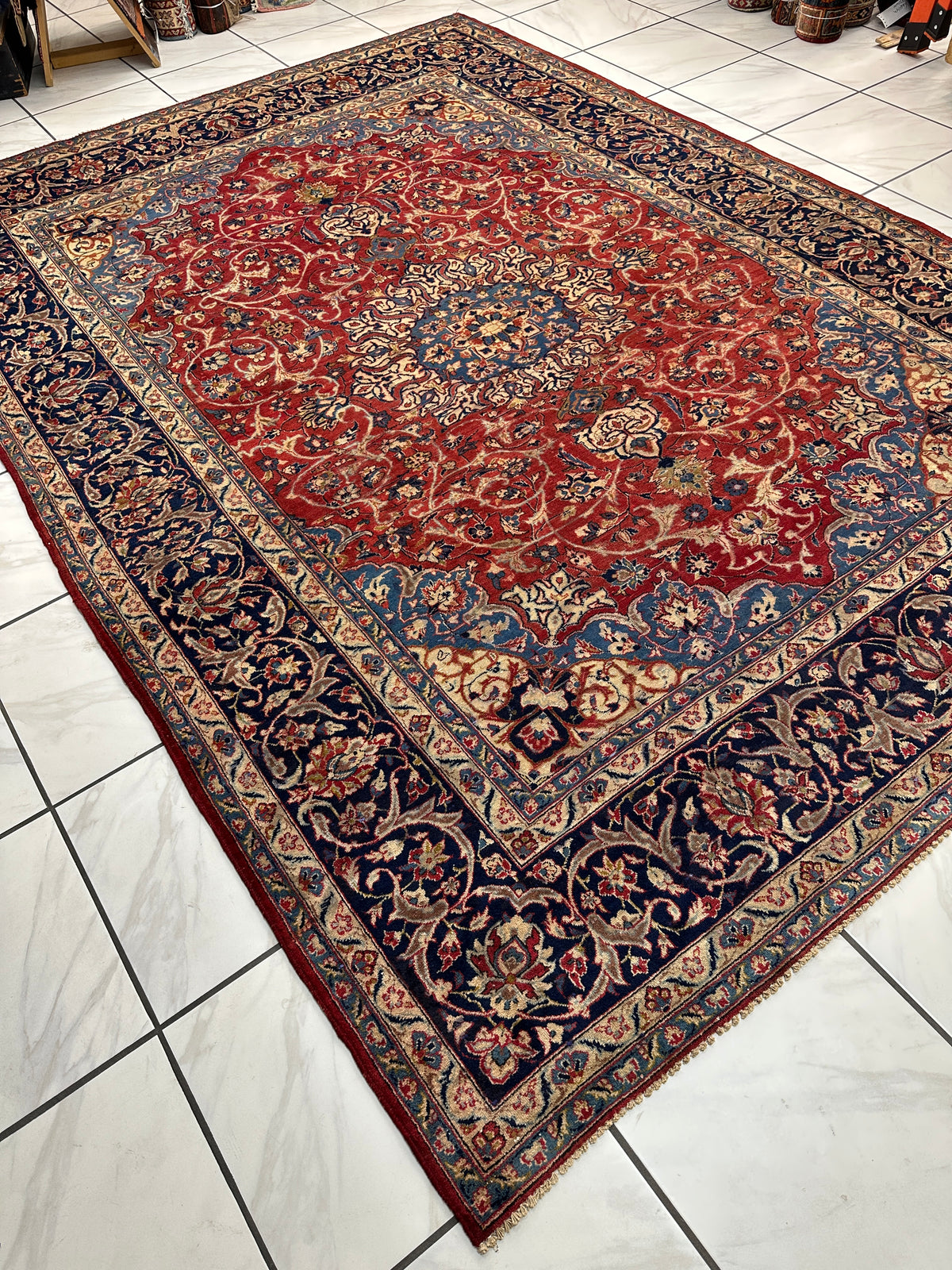 Vintage Persian Kashan Rug 8' x 11'3", Hand-Knotted Wool, Red & Navy, view 6
