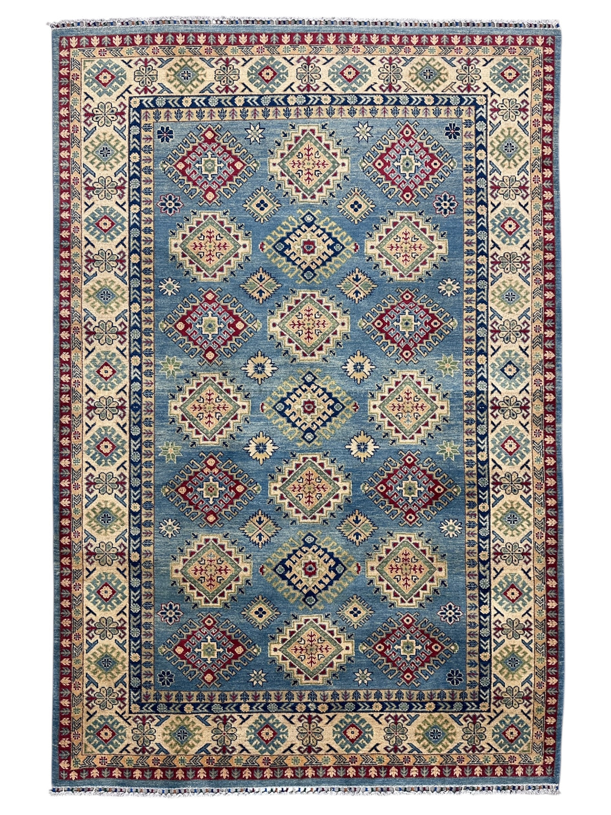 Afghan Kazak Rug 7x10, Light Blue, Ivory & Red, Hand-Knotted Wool