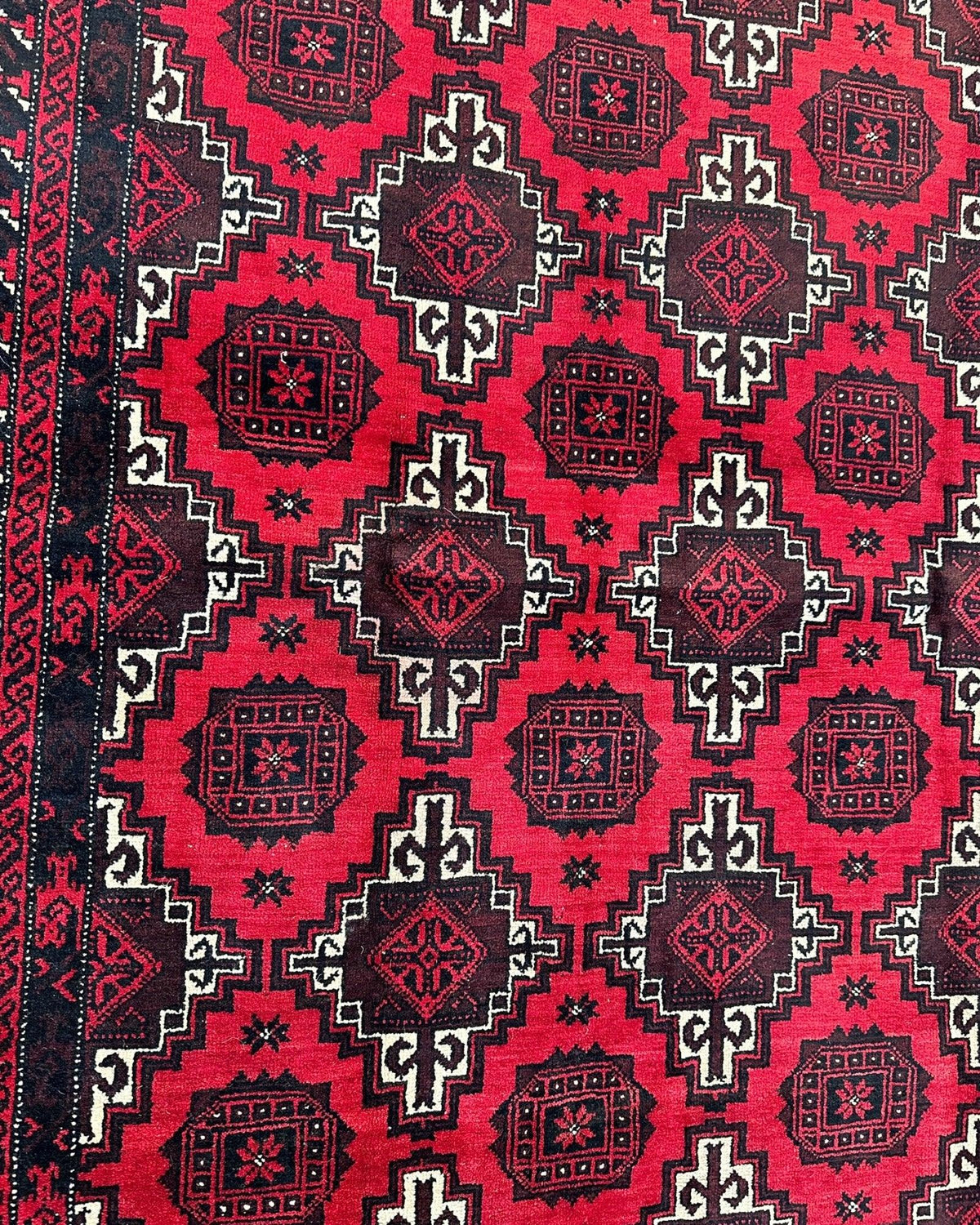 Afghan Baluch Rug 3x7 | Red, Navy & Ivory | Hand-Knotted Wool | View 4