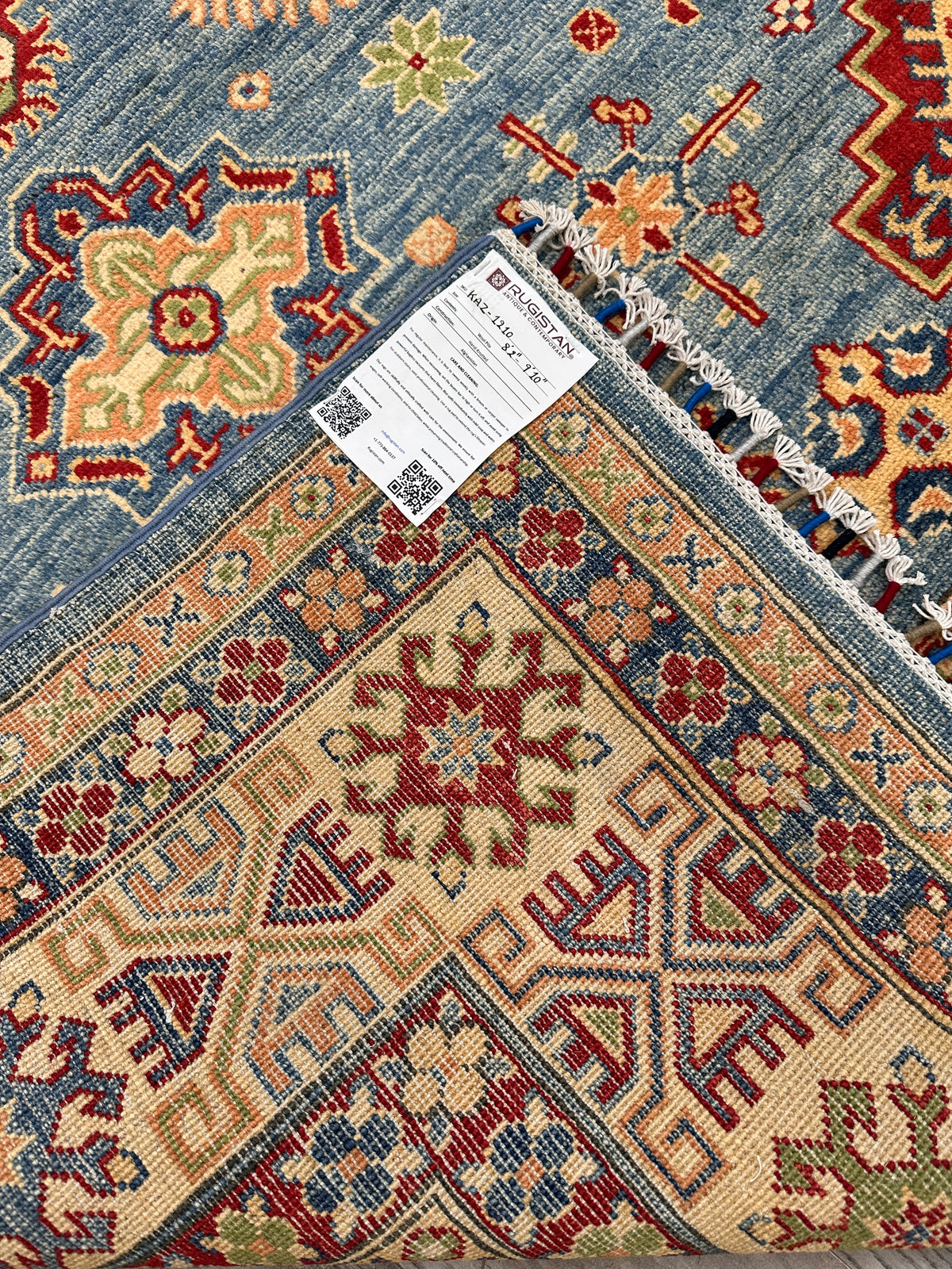 Afghan Kazak Rug 8'2" x 9'10", Hand-Knotted Wool, Blue, Cream & Red, view 7