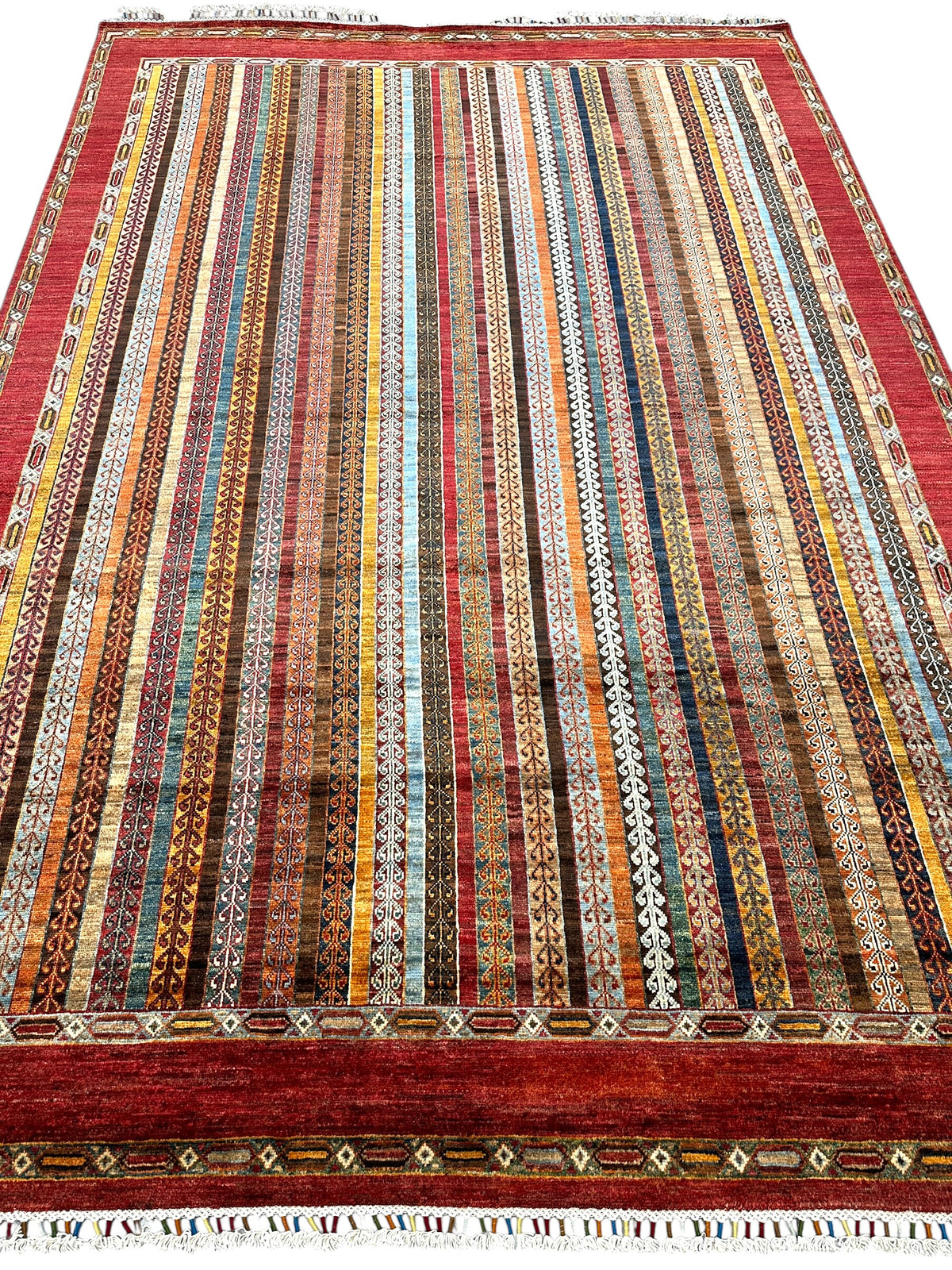 Afghan Khorjin Rug 7'1" x 10'2", Hand-Knotted Wool, Red, Blue & Orange, view 2