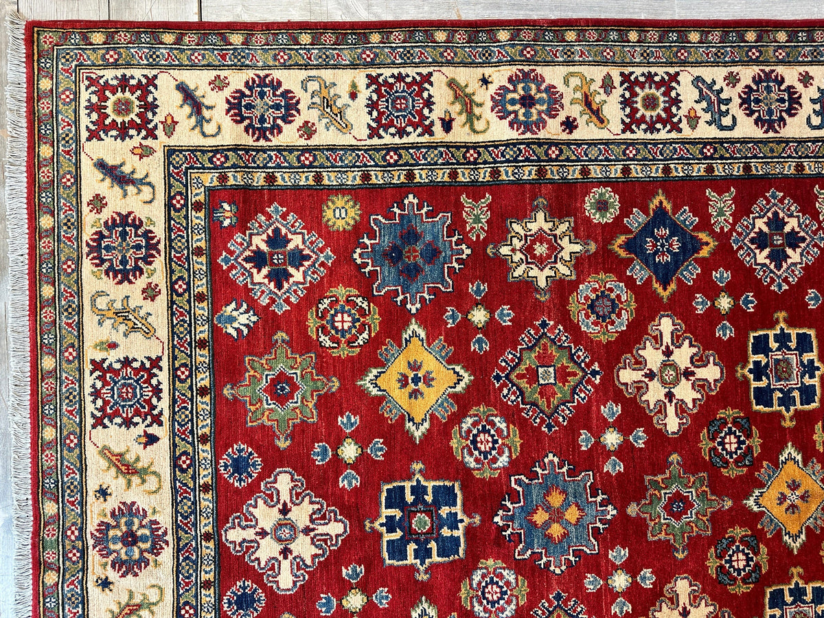 Afghan Kazak Stars Rug 7x10, Red, Ivory, Navy & Gold, Hand-Knotted Wool, view 7