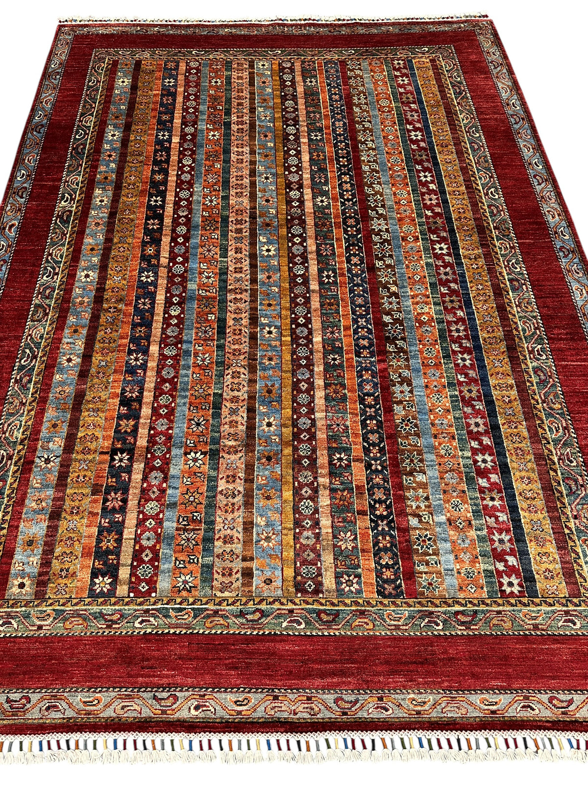Afghan Khorjin Rug 5'10" x 8', Hand-Knotted Wool, Red, Blue & Orange, view 3