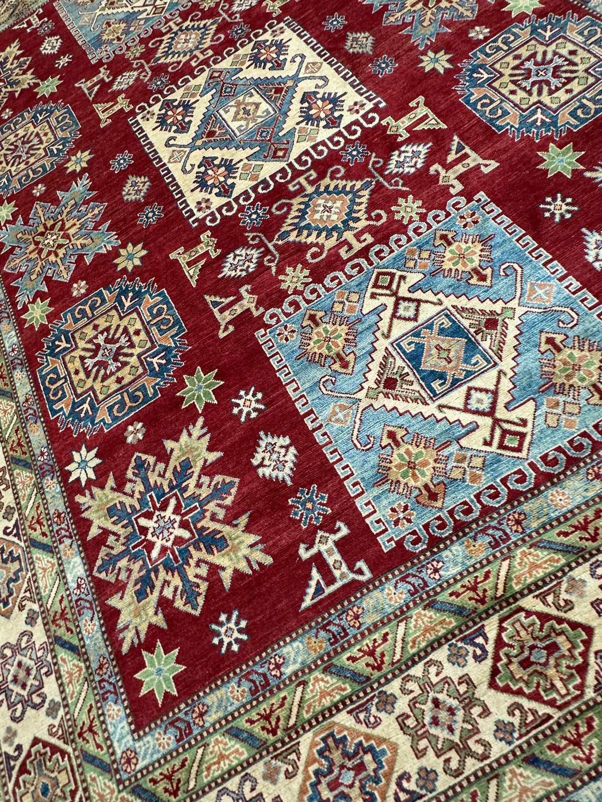 Afghan Kazak Rug 8'10" x 11'11", Hand-Knotted Wool, Cream & Red, view 8