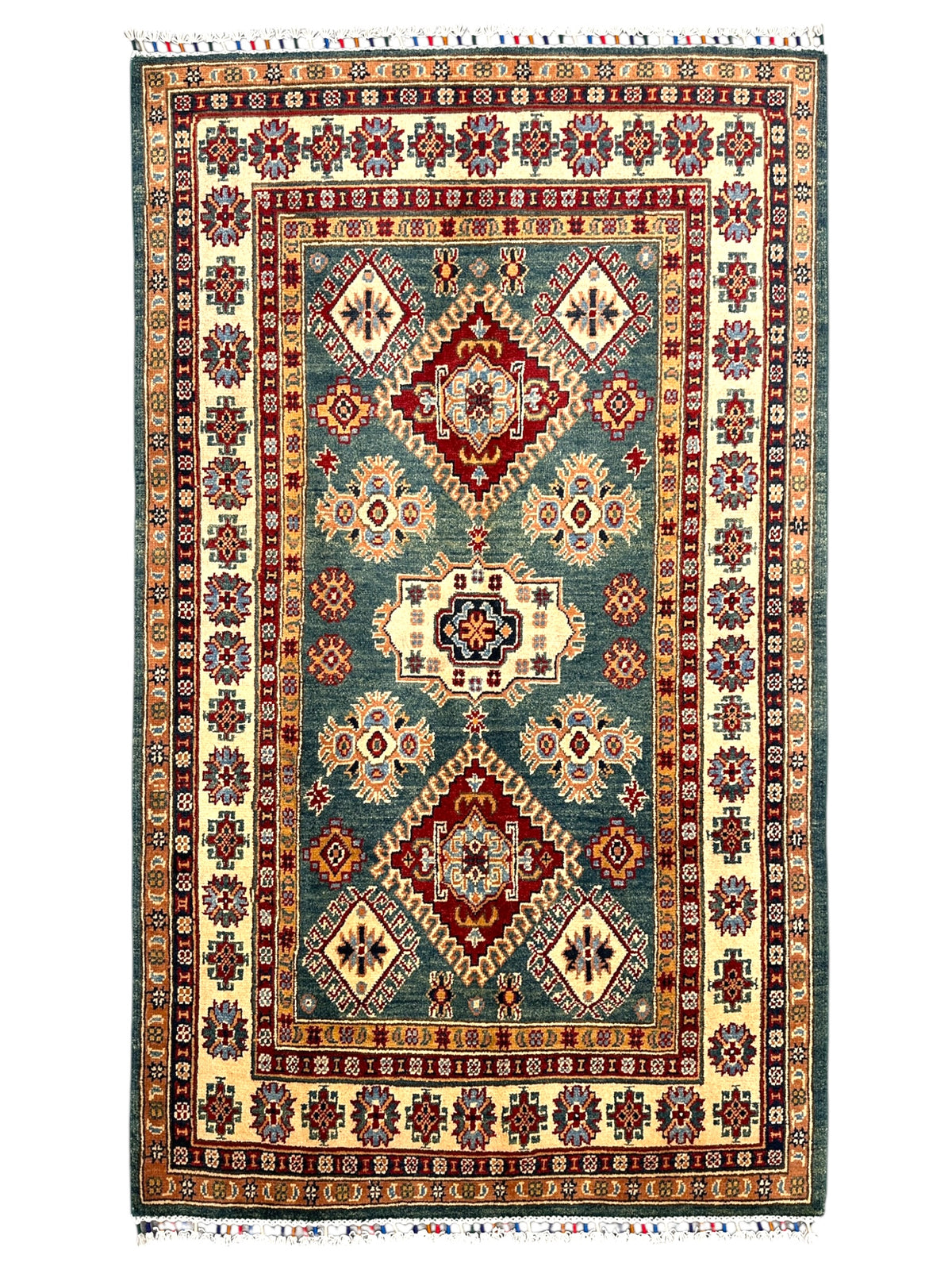 Afghan Kazak Rug 3'10" x 6'4", Hand-Knotted Wool, Teal, Red & Ivory