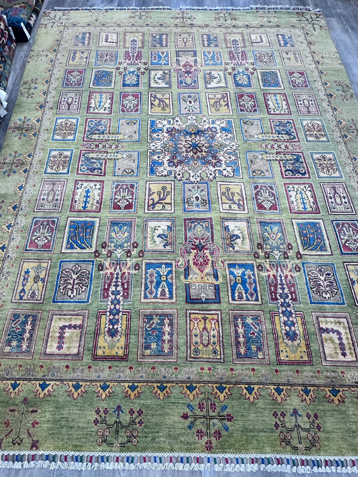 Afghan Kazak Rug 8x10, Green, Blue & Ivory, Hand-Knotted Wool, view 2