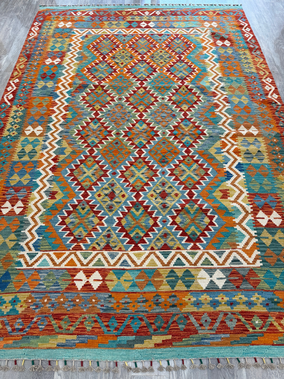Afghan Kilim Rug 7x10, Rust, Teal & Orange, Hand-Woven Wool Flatweave, view 3