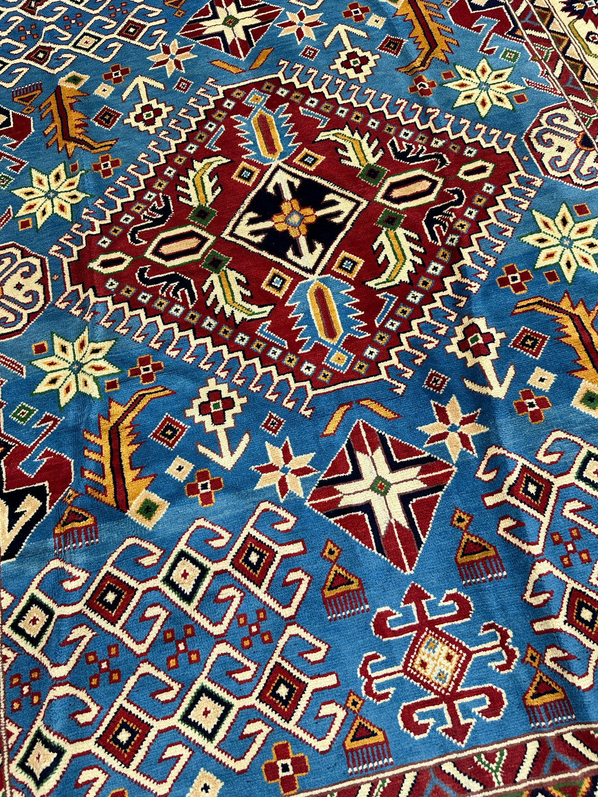 Afghan Kazak Rug 5' x 6'8", Hand-Knotted Wool, Blue & Cream, view 5