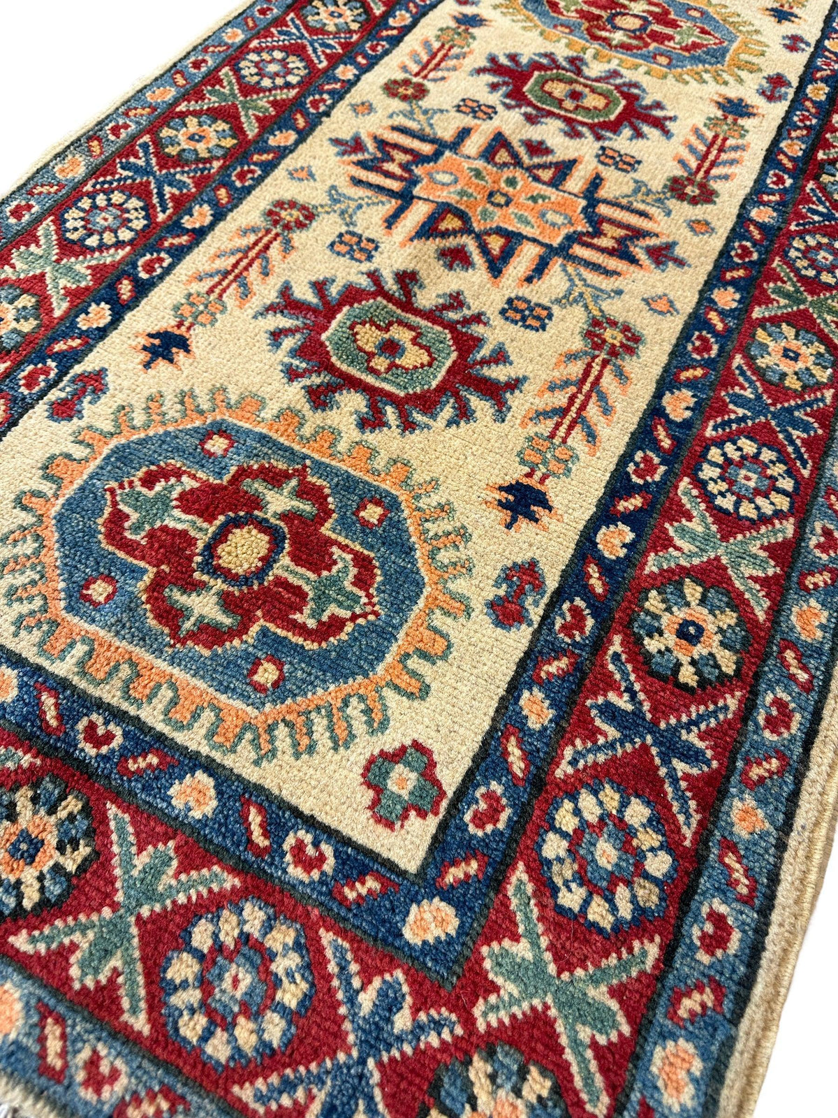 Afghan Super Kazak Runner 2'2" x 6', Hand-Knotted Wool, Beige & Blue, view 5