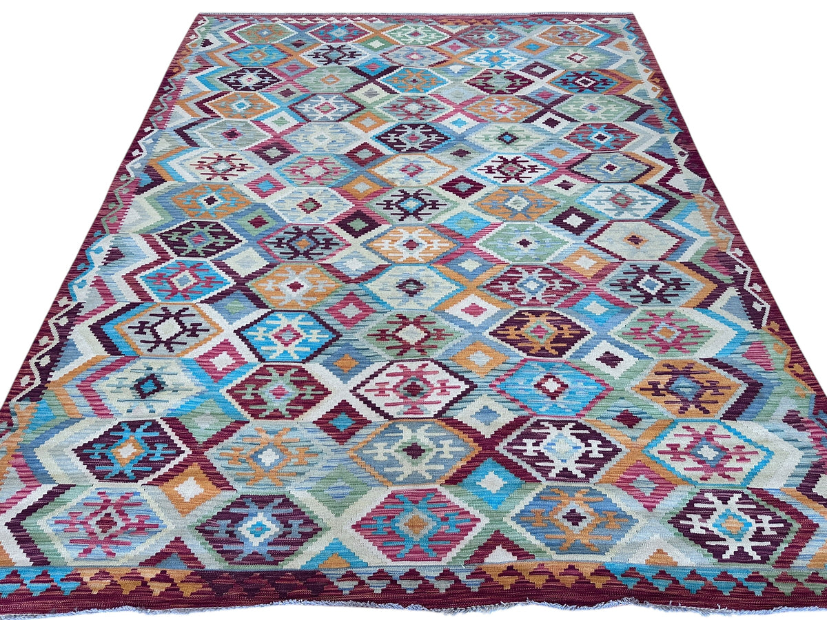 Afghan Kilim Rug 8x10, Gray, Pink & Blue, Hand-Woven Wool Flatweave, view 2