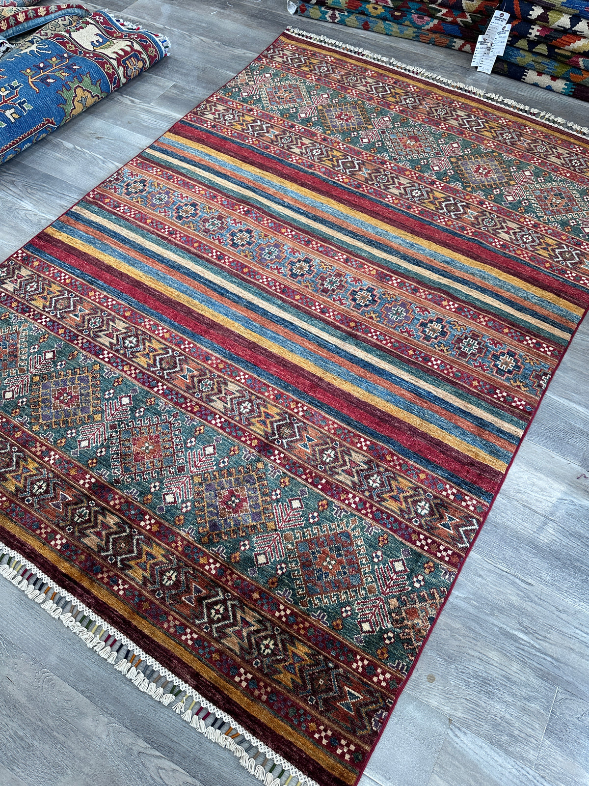 Afghan Khorjin Rug 4'11" x 6'10", Hand-Knotted Wool, Red, Blue & Green, view 4