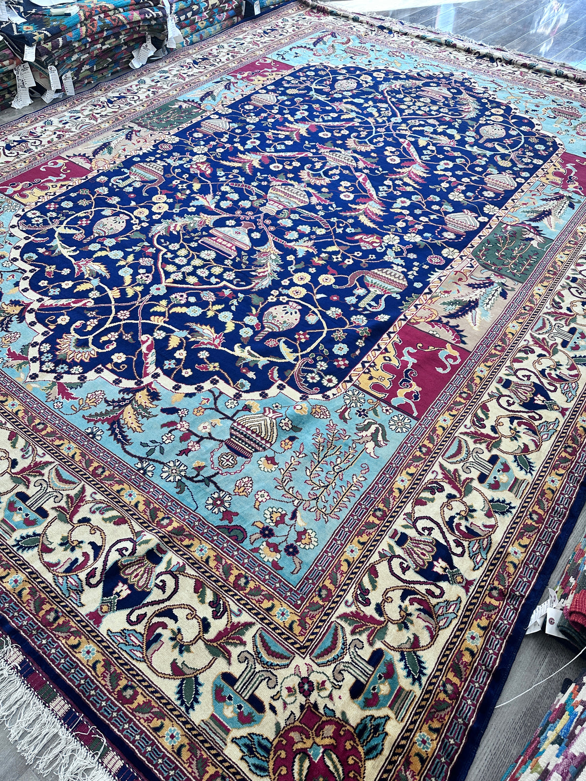 Afghan Rug 10x13, Navy, Light Blue & Ivory, Hand-Knotted Wool, view 4