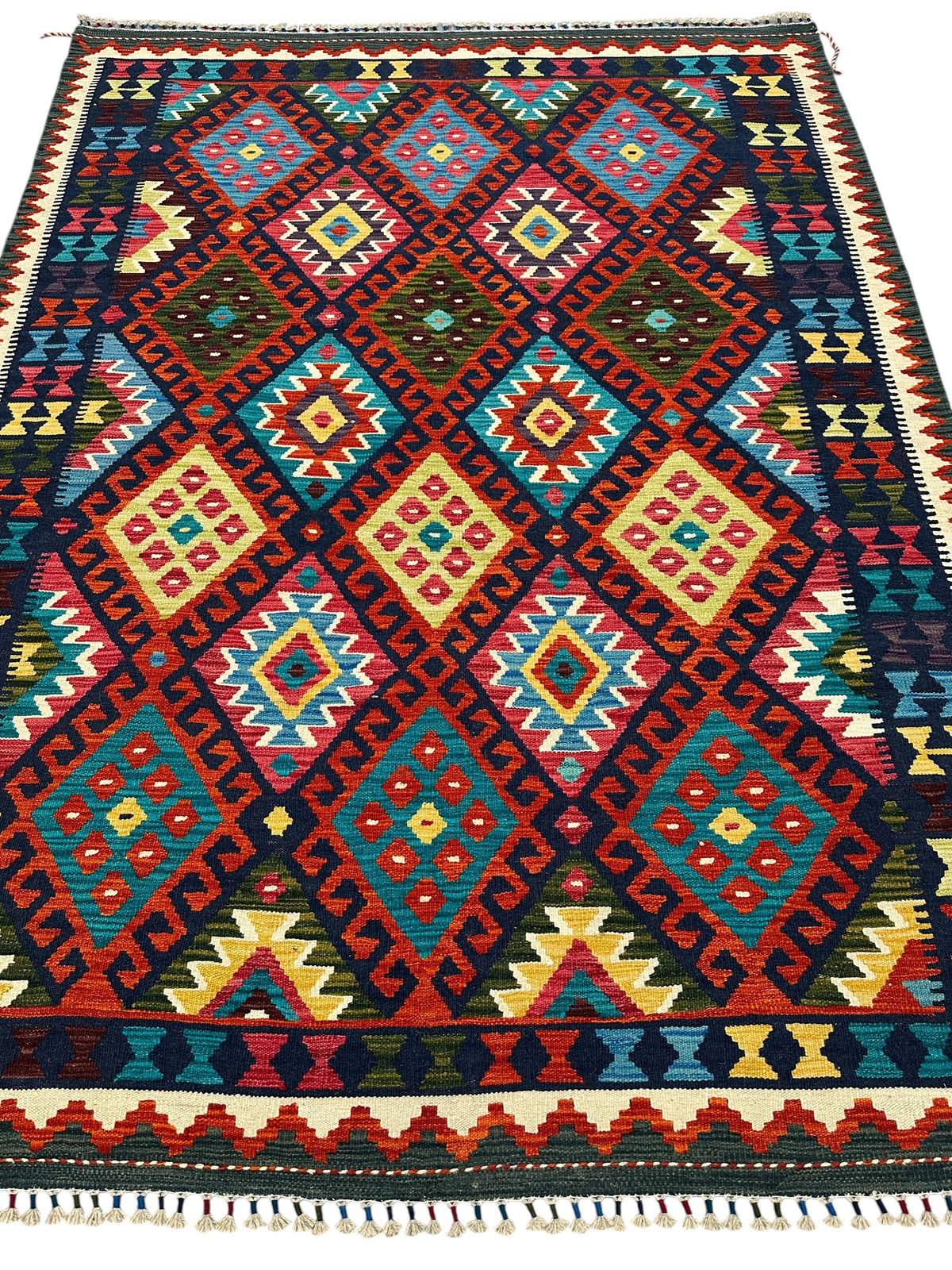 Afghan Kilim Rug 6x8, Rust, Navy & Teal, Hand-Woven Wool Flatweave, view 3