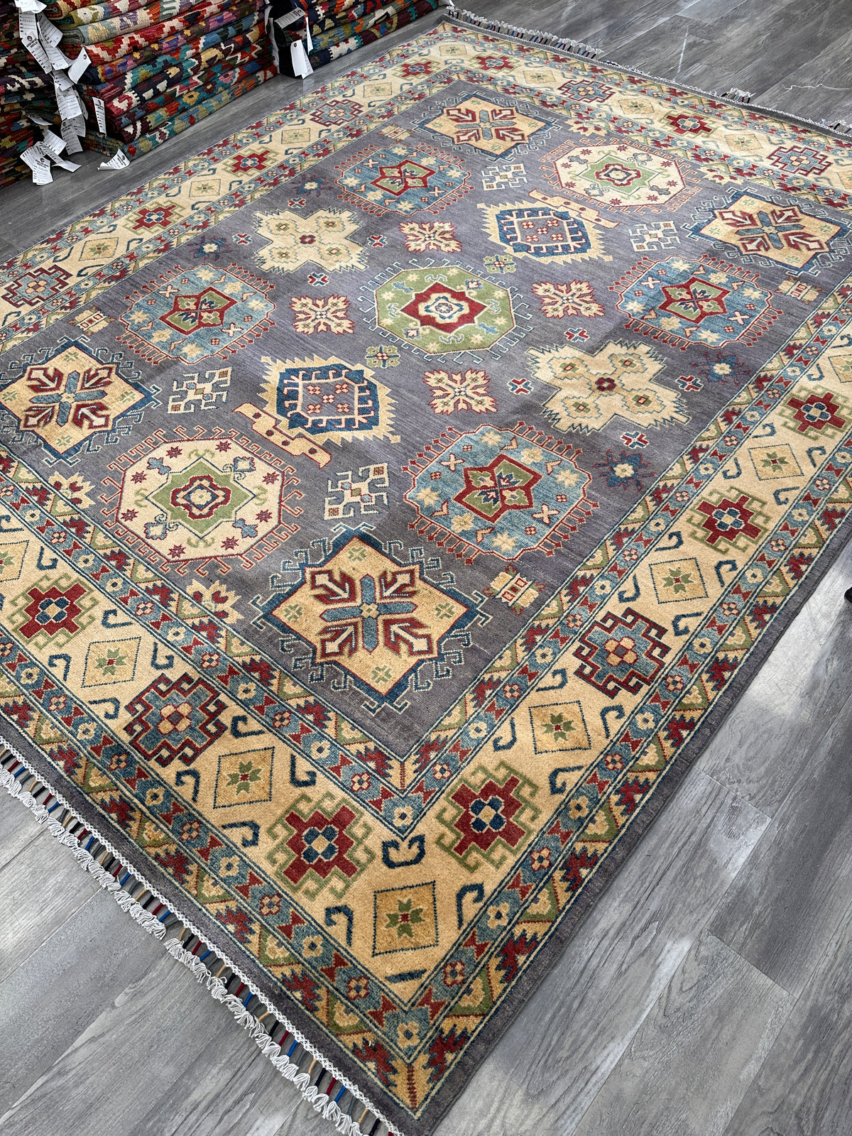 Afghan Kazak Rug 8x10, Gray, Gold & Light Blue, Hand-Knotted Wool, view 4