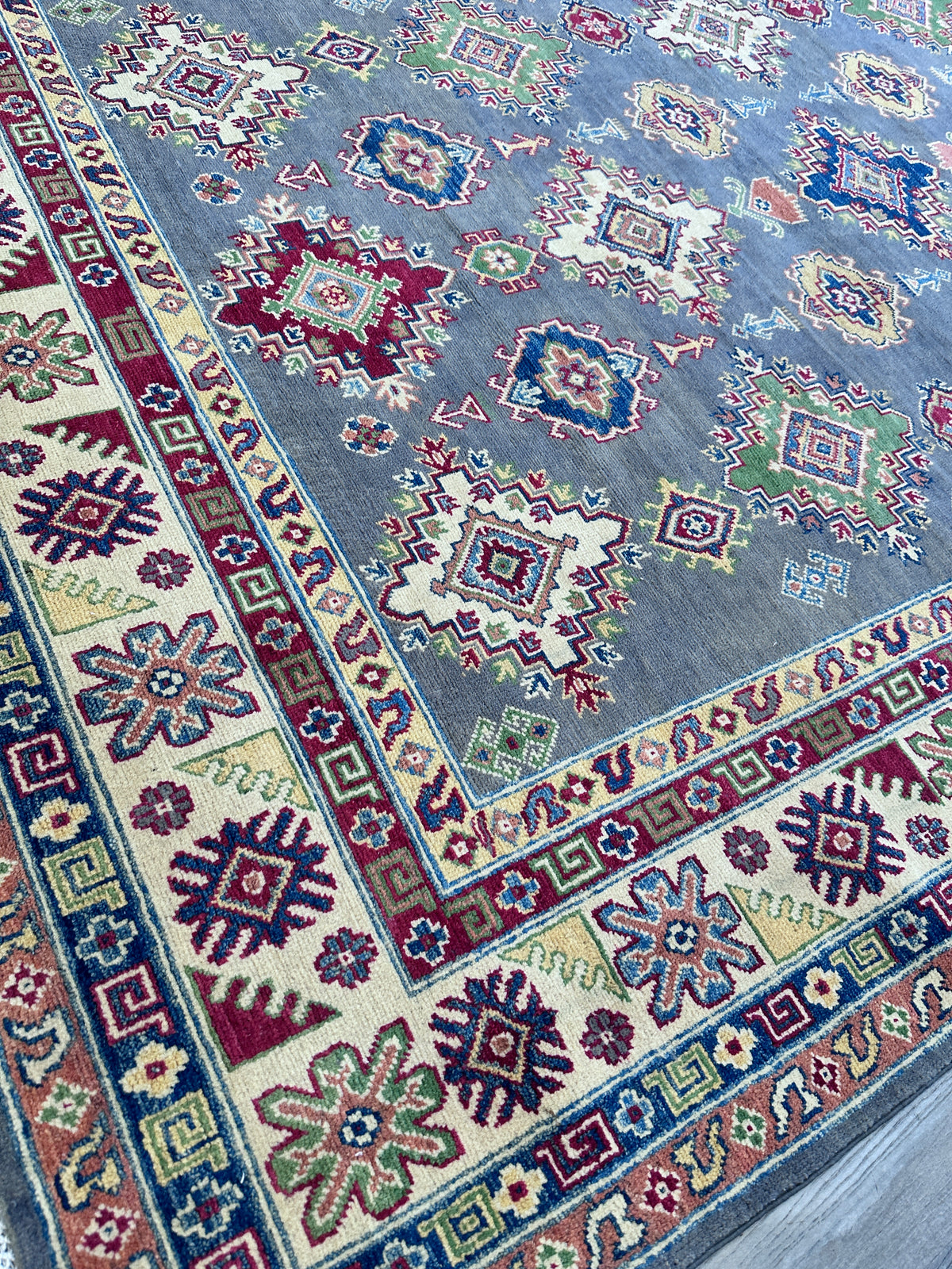 Afghan Kazak Rug 6'7" x 9'9", Hand-Knotted Wool, Gray, Blue & Red, view 6