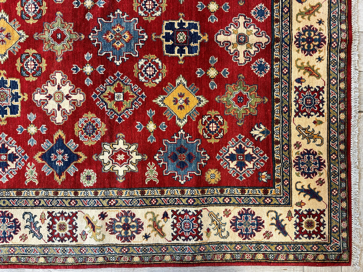 Afghan Kazak Stars Rug 7x10, Red, Ivory, Navy & Gold, Hand-Knotted Wool, view 5