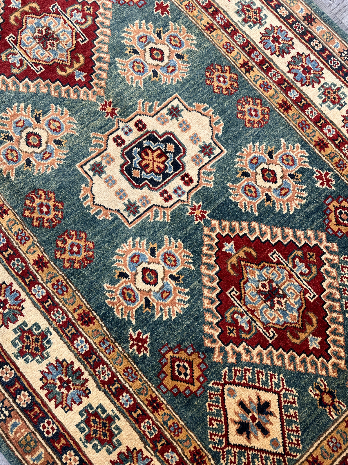 Afghan Kazak Rug 3'10" x 6'4", Hand-Knotted Wool, Teal, Red & Ivory, view 6